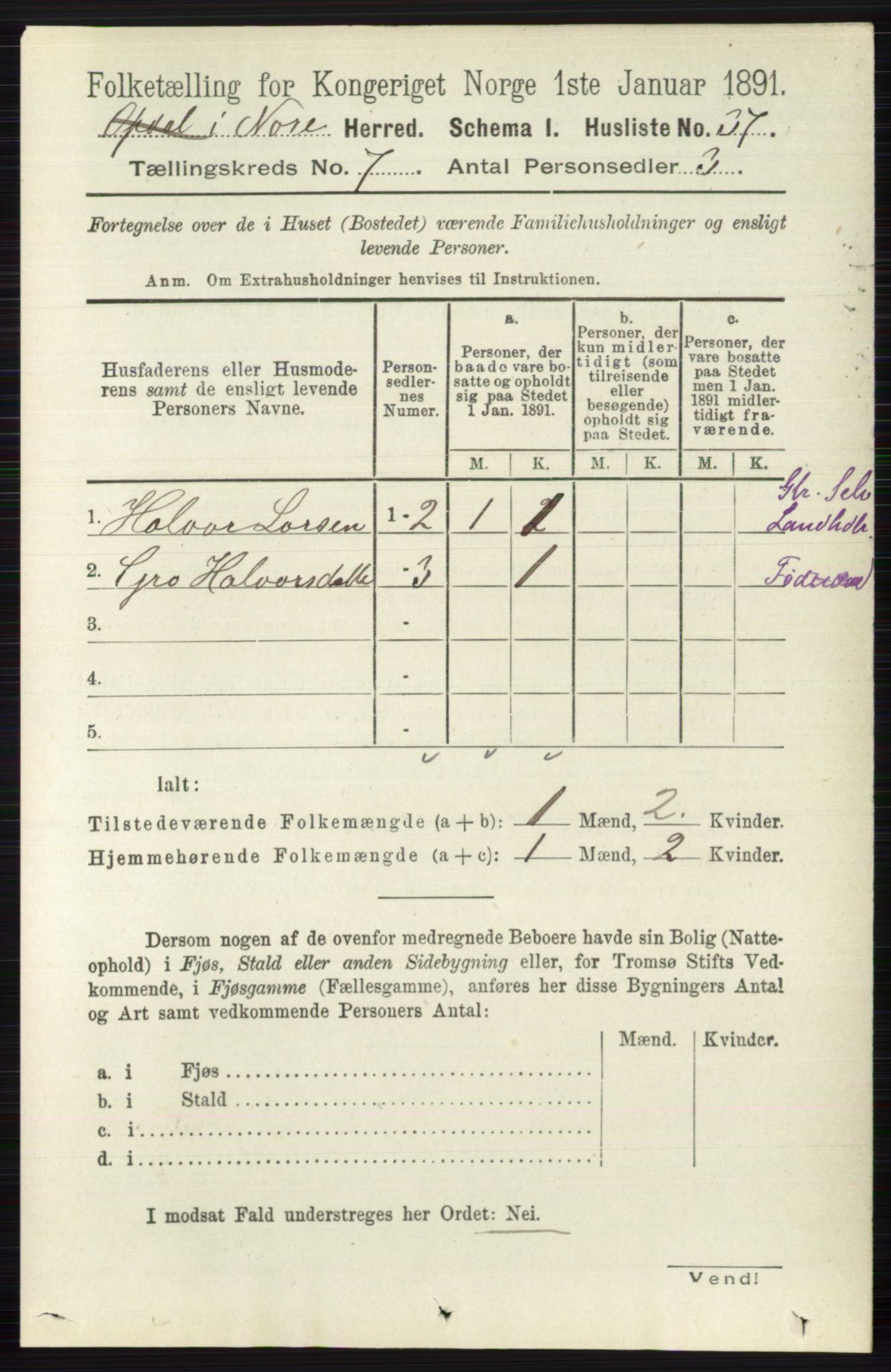 RA, 1891 census for 0633 Nore, 1891, p. 2599