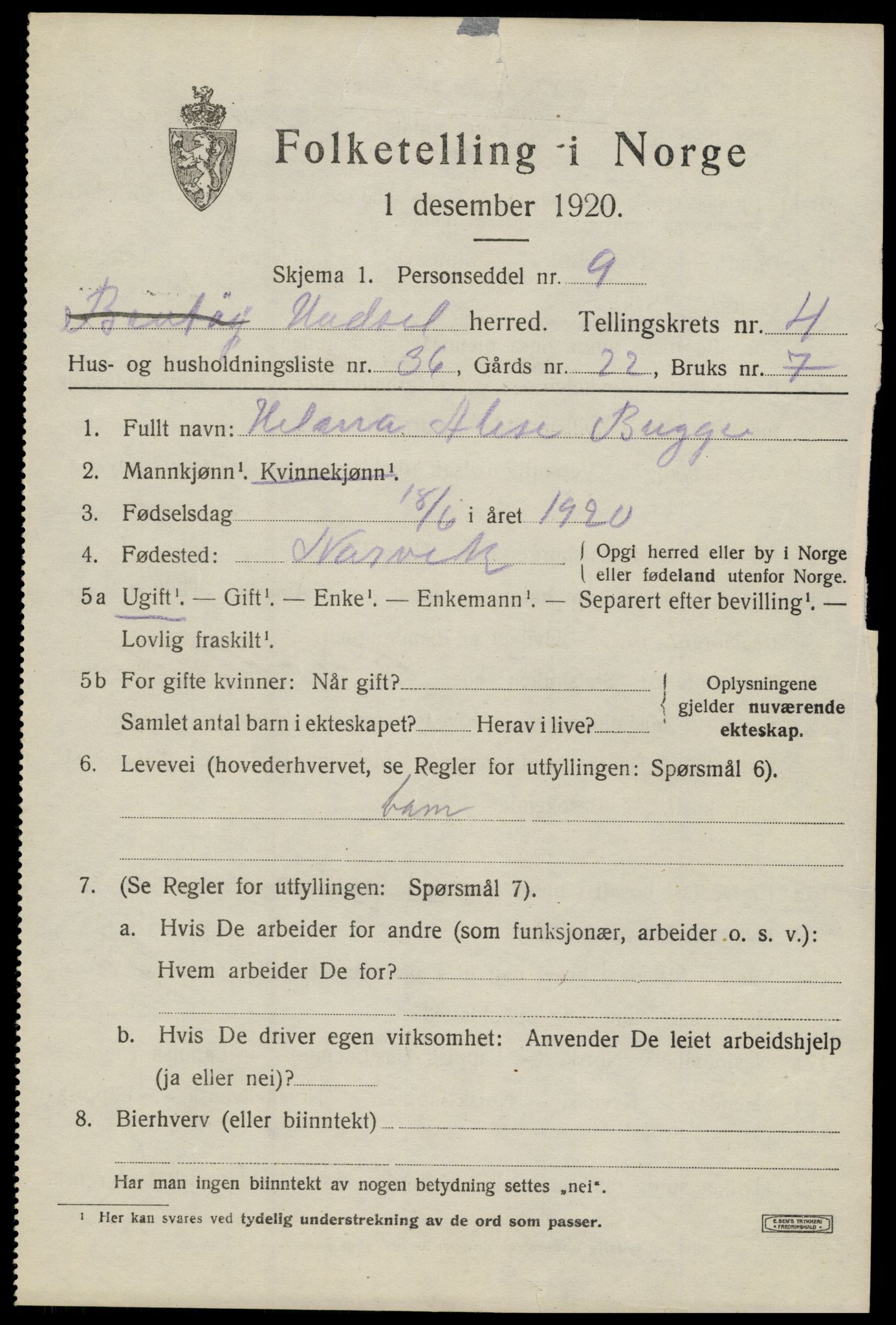 SAT, 1920 census for Hadsel, 1920, p. 5942