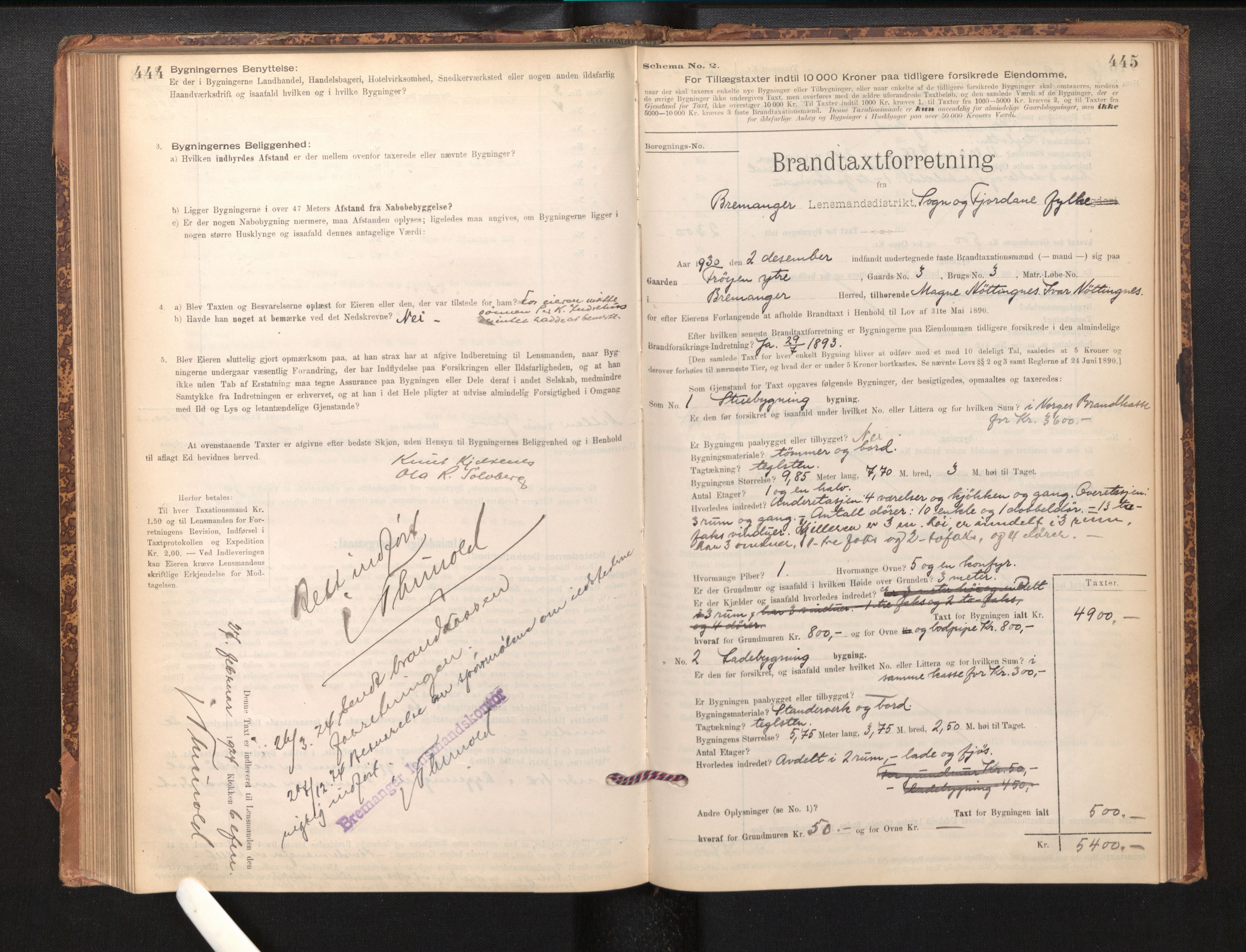 Lensmannen i Bremanger, SAB/A-26701/0012/L0007: Branntakstprotokoll, skjematakst, 1895-1936, p. 444-445