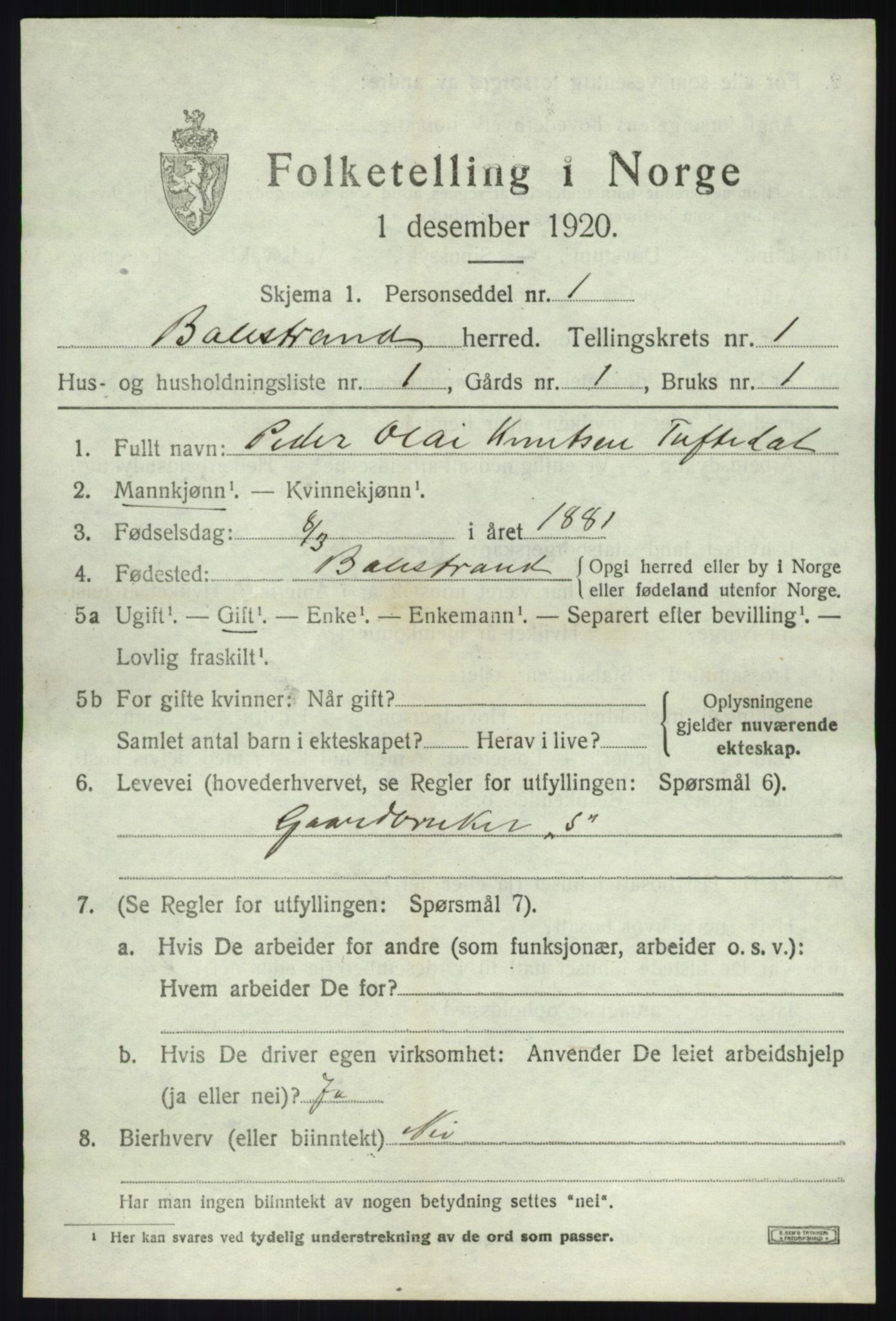 SAB, 1920 census for Balestrand, 1920, p. 784