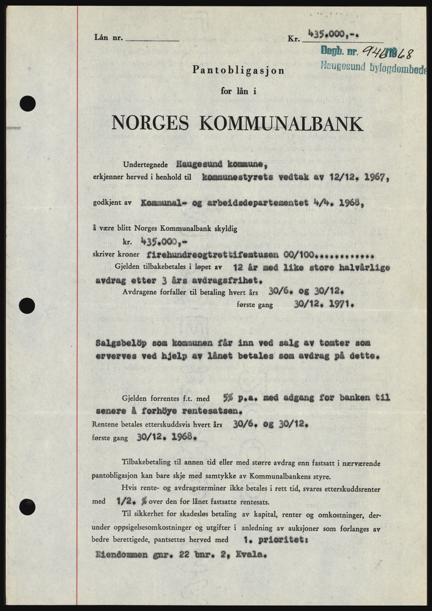 Haugesund tingrett, SAST/A-101415/01/II/IIC/L0058: Mortgage book no. B 58, 1967-1968, Diary no: : 946/1968