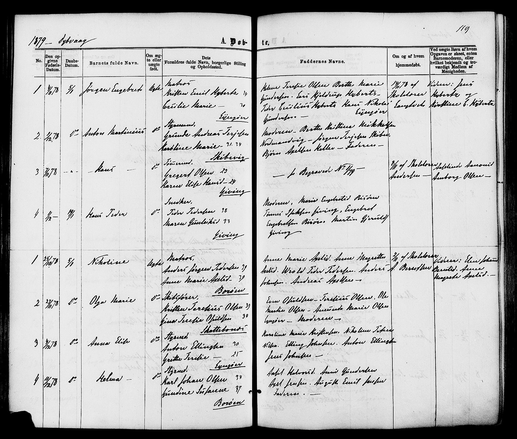 Dypvåg sokneprestkontor, SAK/1111-0007/F/Fa/Faa/L0007: Parish register (official) no. A 7/ 1, 1872-1884, p. 119