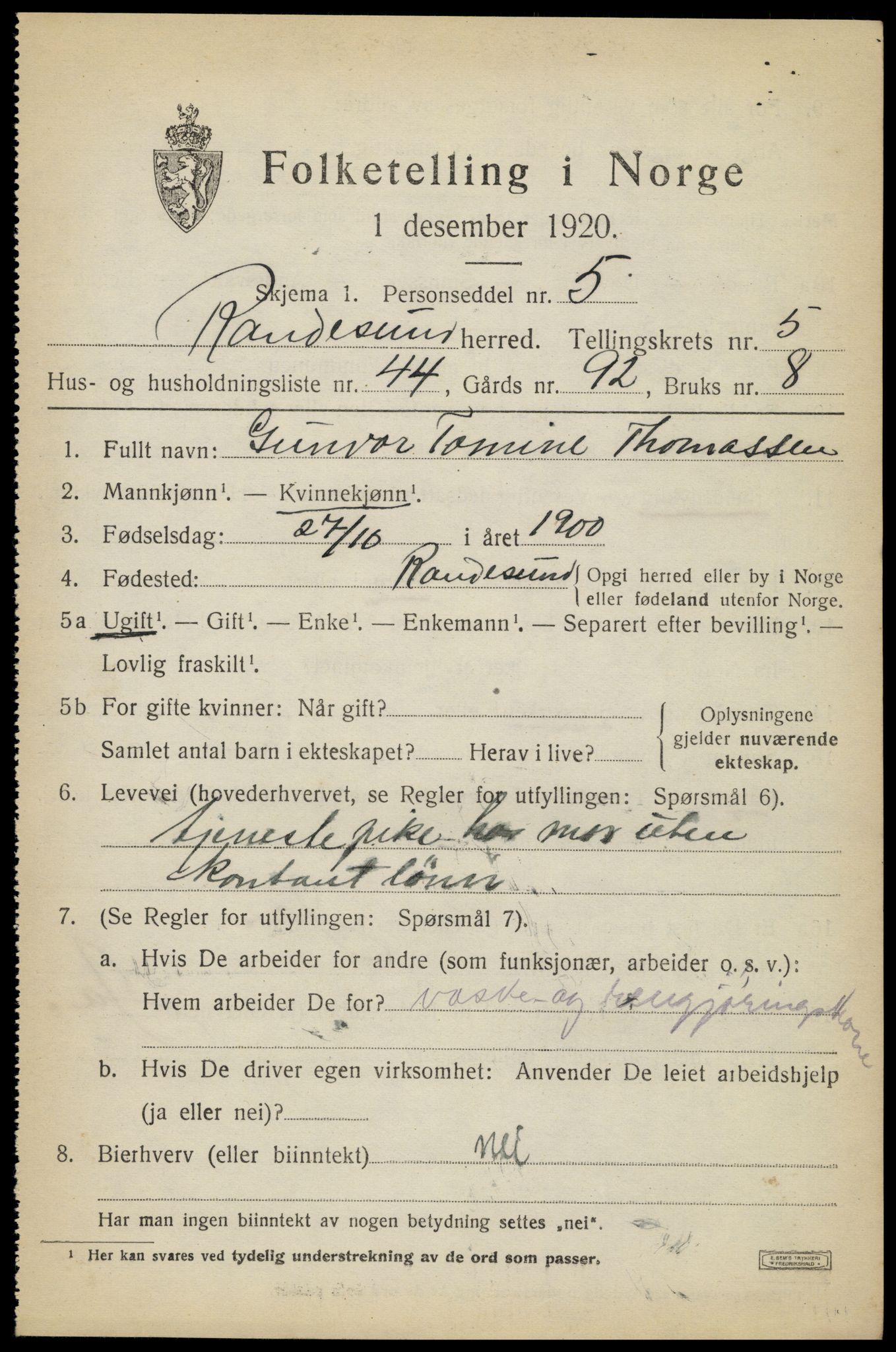 SAK, 1920 census for Randesund, 1920, p. 2728