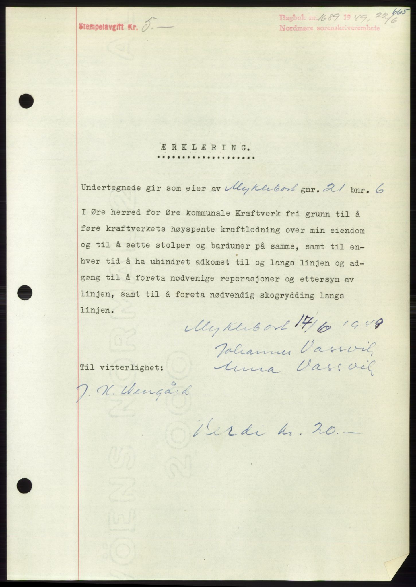 Nordmøre sorenskriveri, AV/SAT-A-4132/1/2/2Ca: Mortgage book no. B101, 1949-1949, Diary no: : 1689/1949