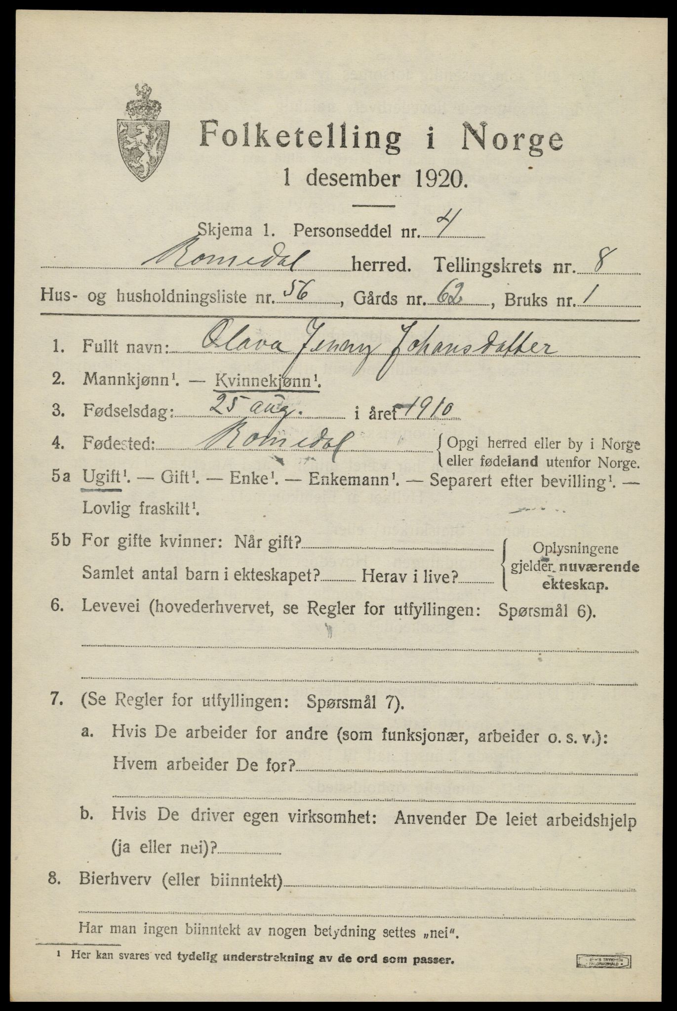 SAH, 1920 census for Romedal, 1920, p. 10337