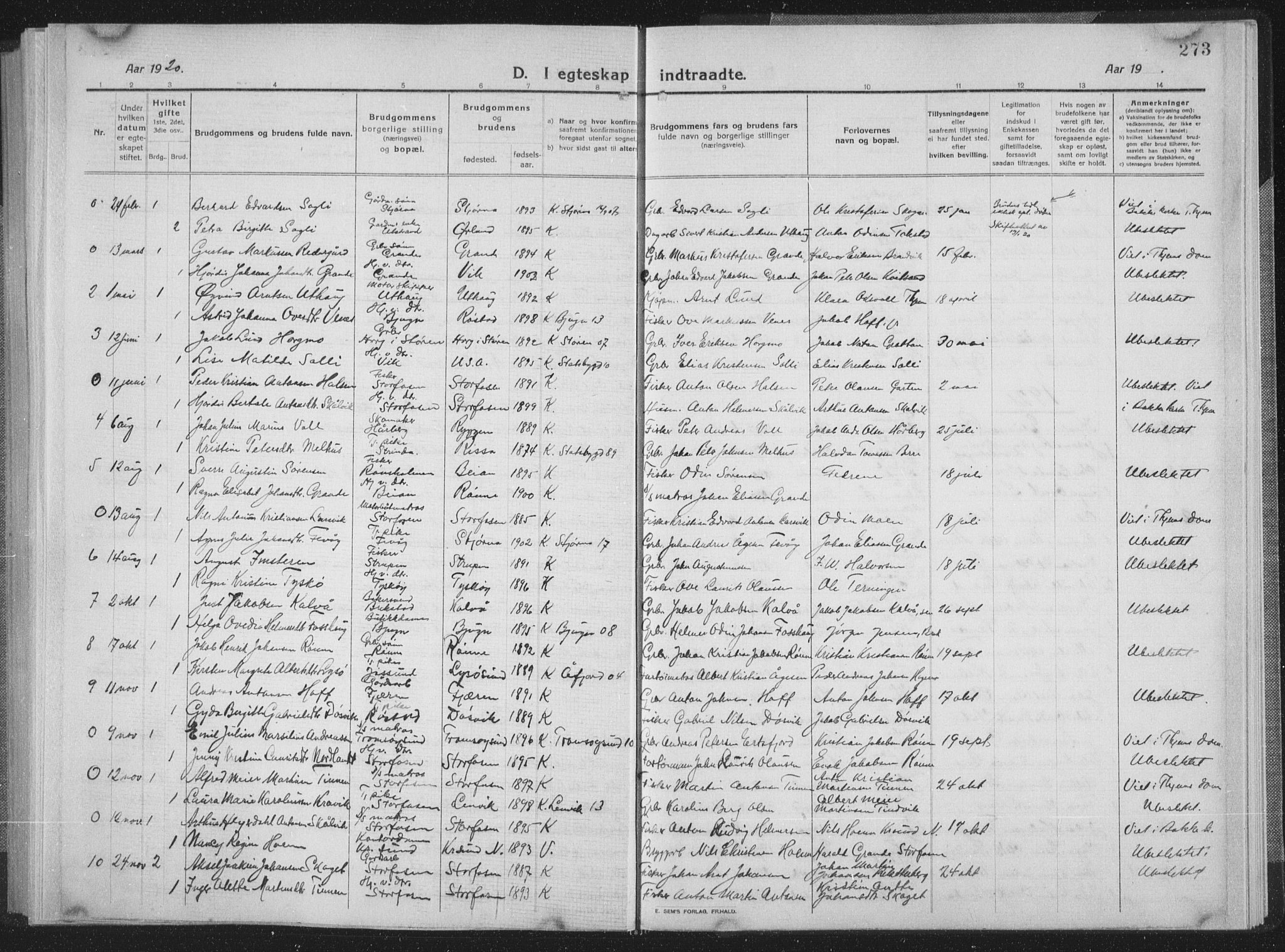 Ministerialprotokoller, klokkerbøker og fødselsregistre - Sør-Trøndelag, SAT/A-1456/659/L0747: Parish register (copy) no. 659C04, 1913-1938, p. 273