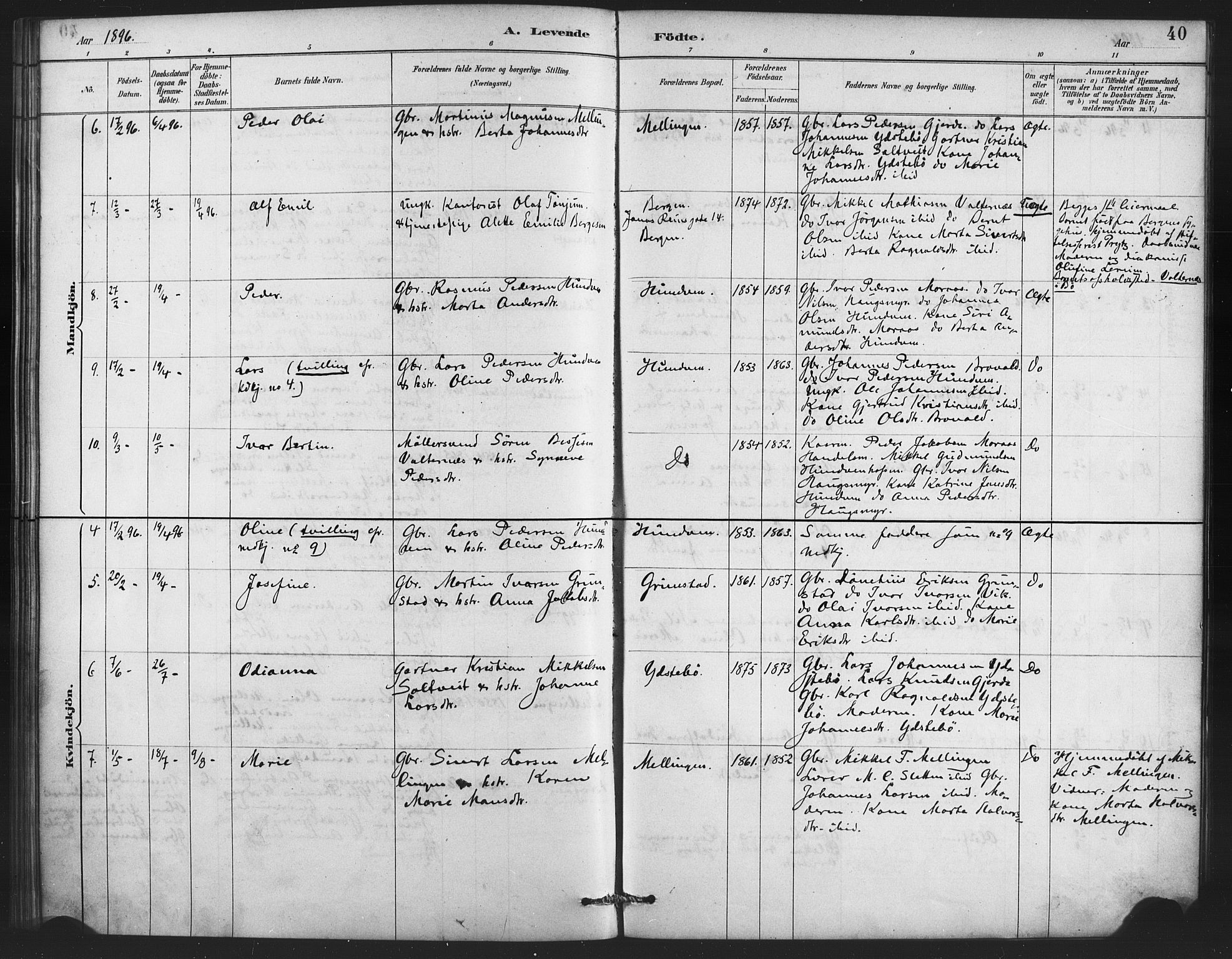 Lindås Sokneprestembete, AV/SAB-A-76701/H/Haa/Haae/L0001: Parish register (official) no. E 1, 1886-1897, p. 40