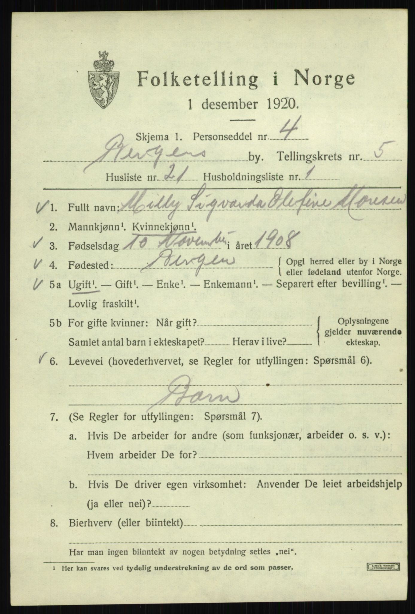 SAB, 1920 census for Bergen, 1920, p. 65330