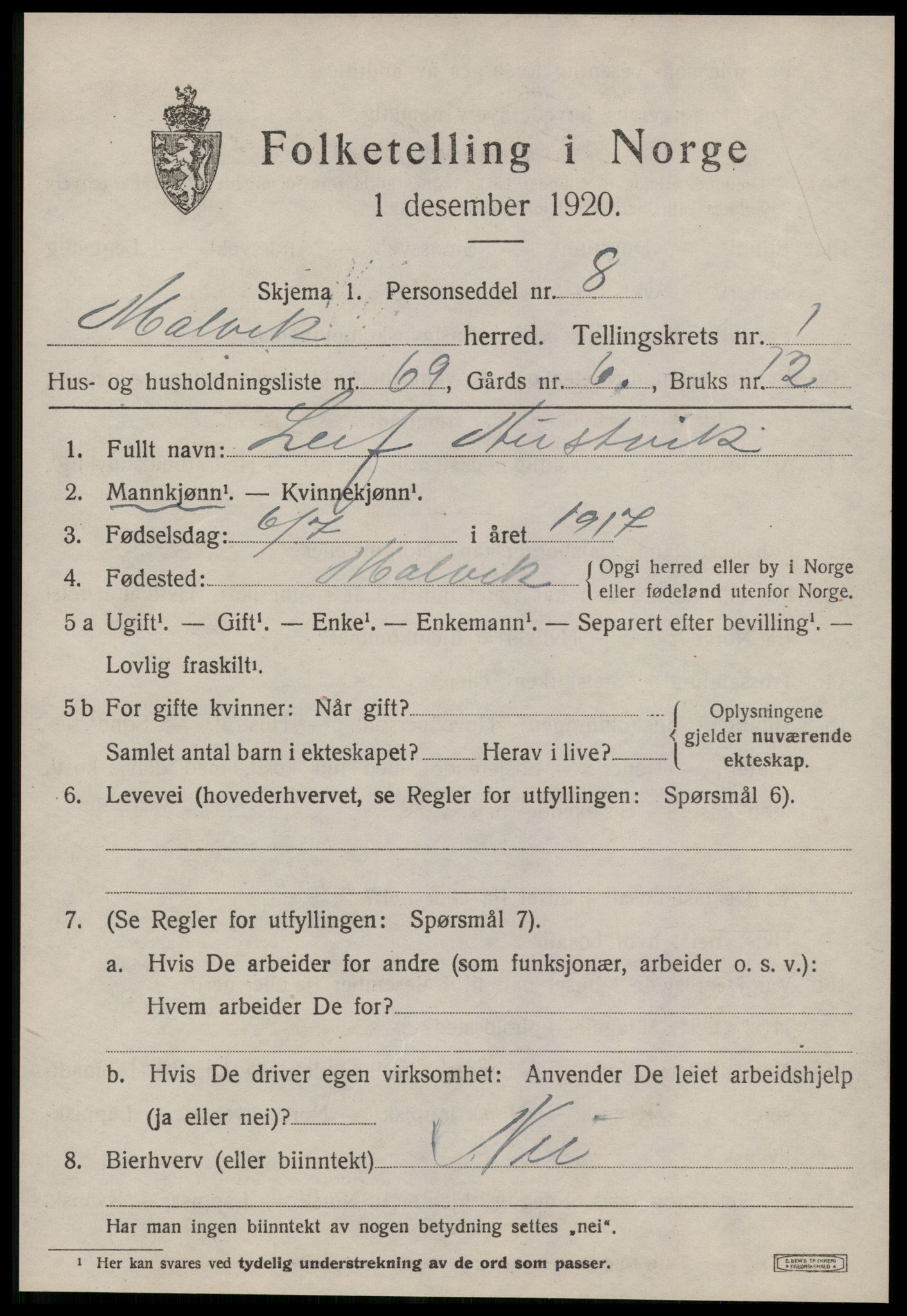 SAT, 1920 census for Malvik, 1920, p. 1446