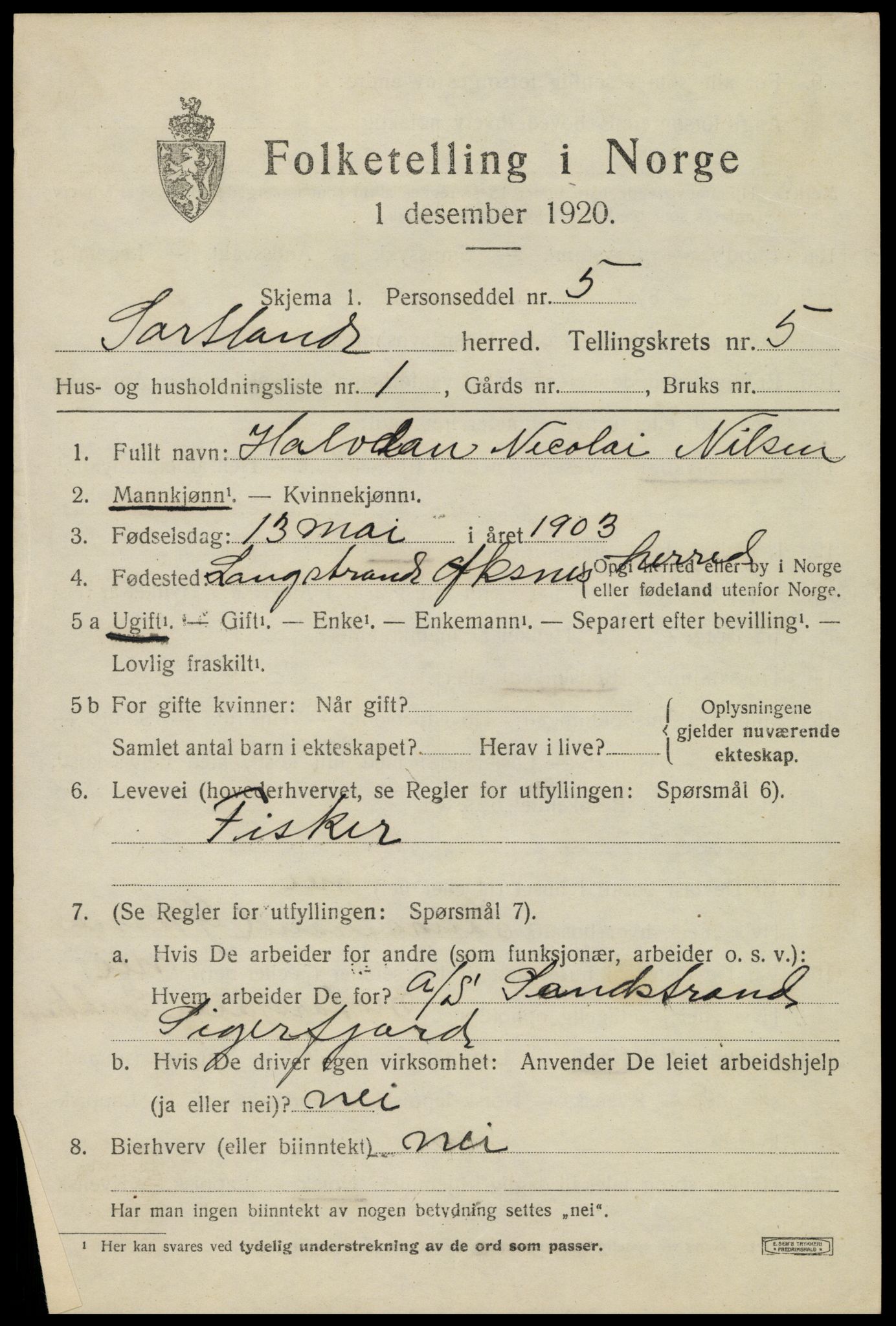 SAT, 1920 census for Sortland, 1920, p. 5480