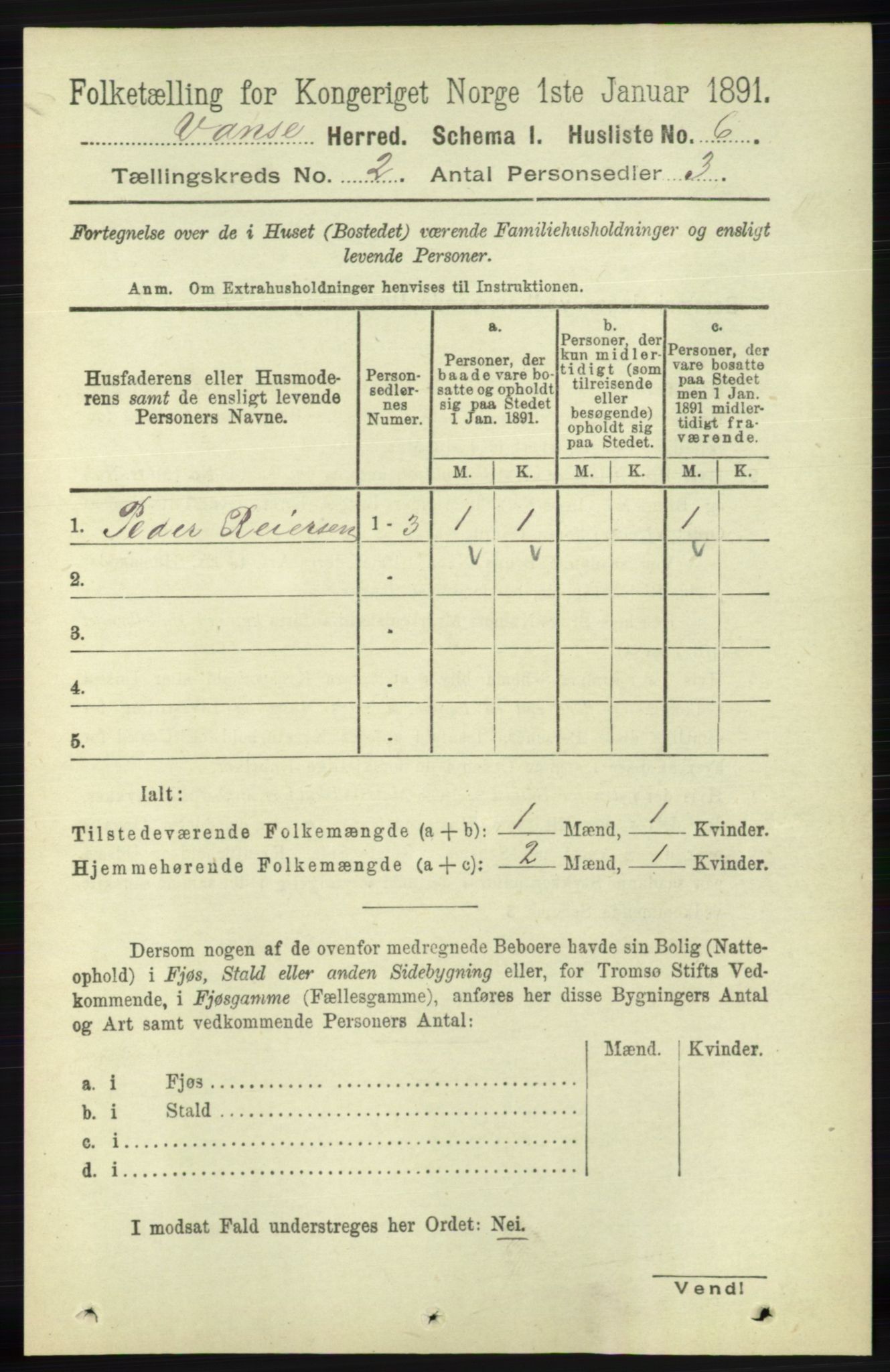 RA, 1891 census for 1041 Vanse, 1891, p. 470