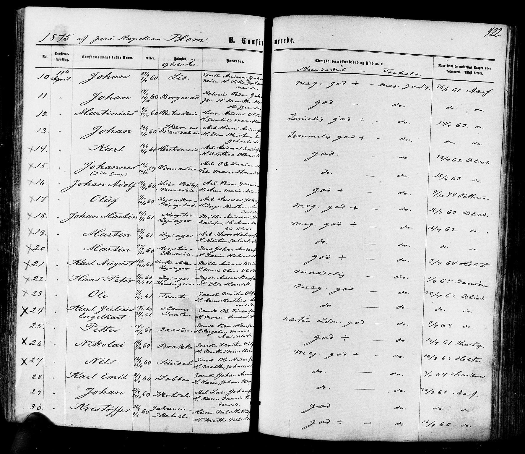 Eiker kirkebøker, SAKO/A-4/F/Fa/L0017: Parish register (official) no. I 17, 1869-1877, p. 422
