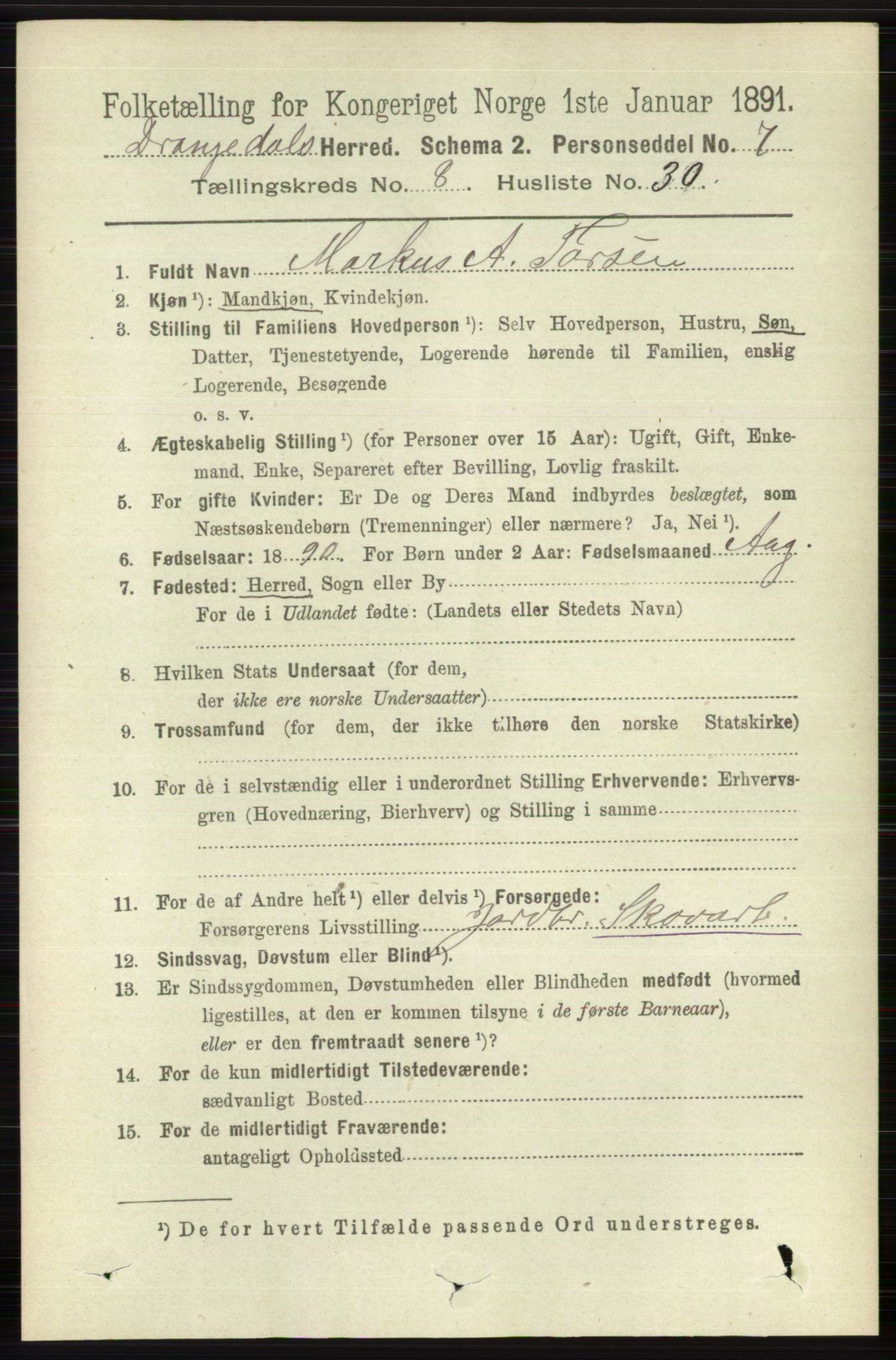 RA, 1891 census for 0817 Drangedal, 1891, p. 2852