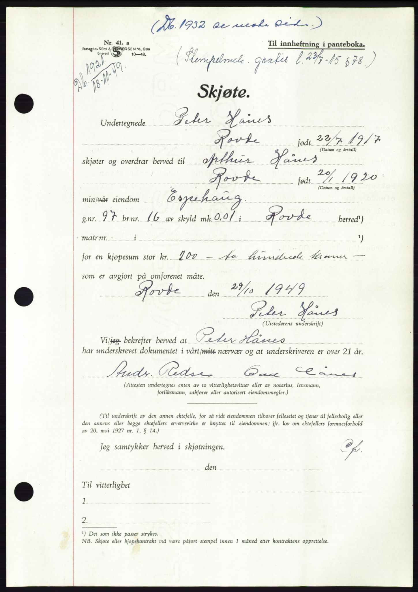 Søre Sunnmøre sorenskriveri, AV/SAT-A-4122/1/2/2C/L0085: Mortgage book no. 11A, 1949-1949, Diary no: : 1921/1949