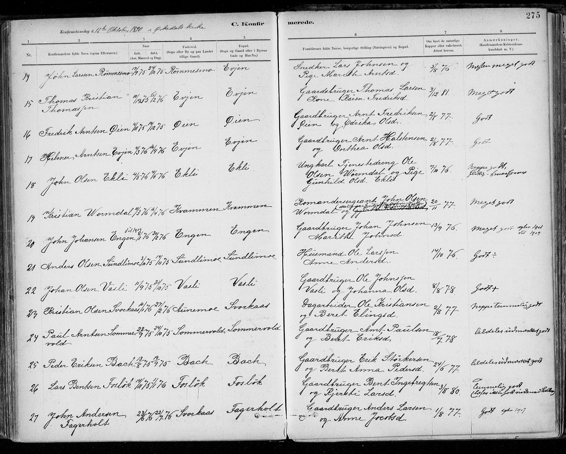 Ministerialprotokoller, klokkerbøker og fødselsregistre - Sør-Trøndelag, SAT/A-1456/668/L0809: Parish register (official) no. 668A09, 1881-1895, p. 275
