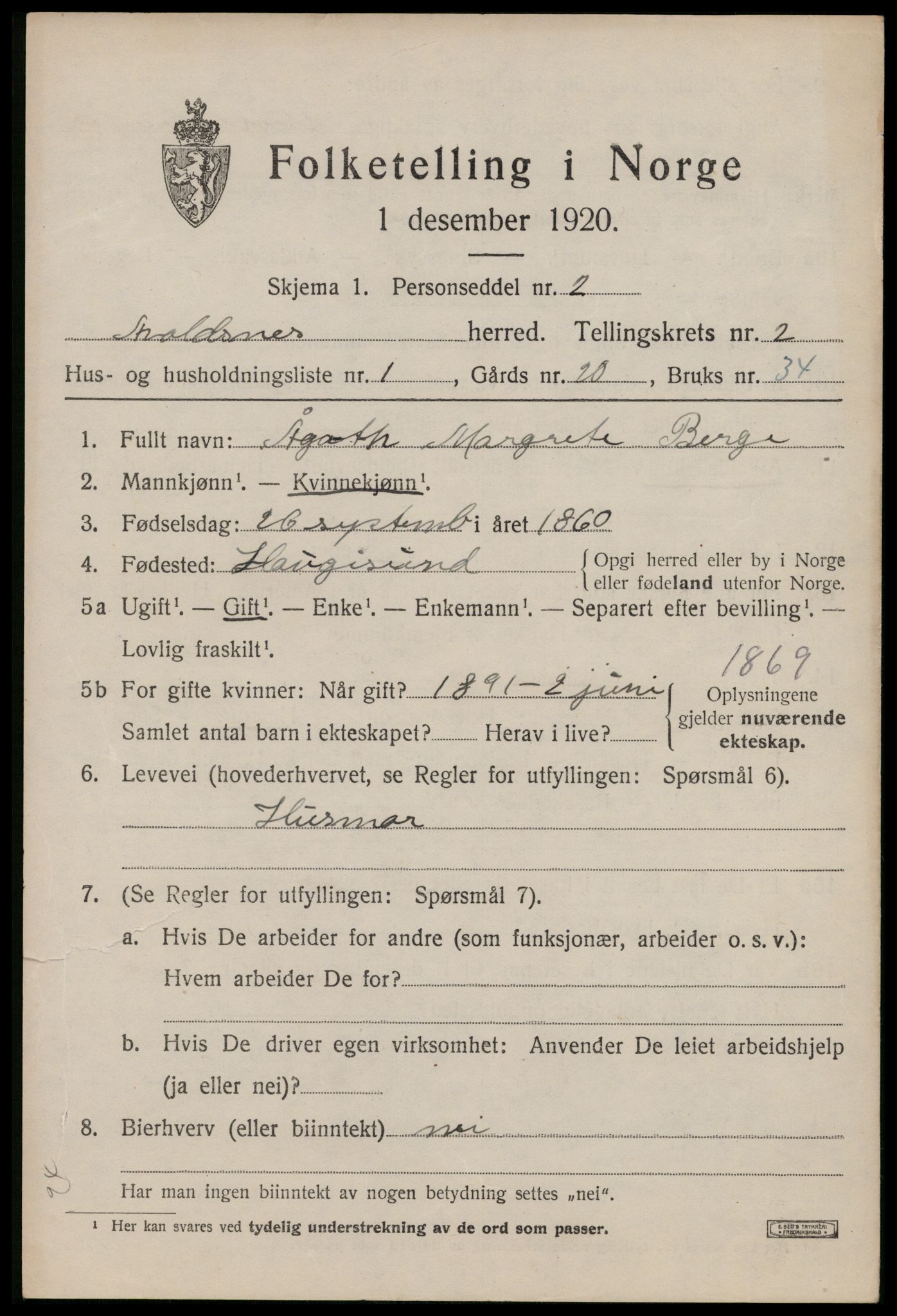 SAST, 1920 census for Avaldsnes, 1920, p. 1825