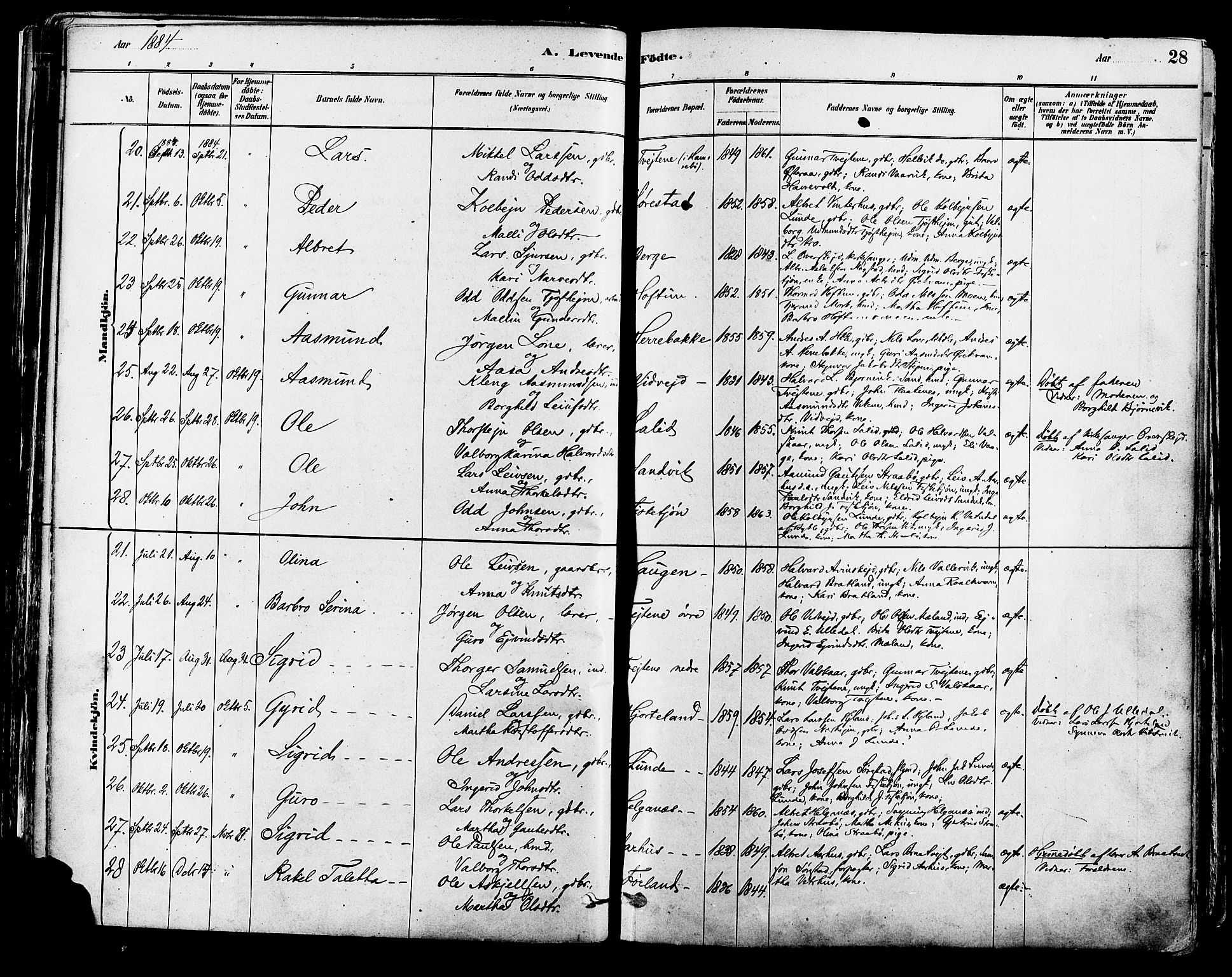 Suldal sokneprestkontor, AV/SAST-A-101845/01/IV/L0011: Parish register (official) no. A 11, 1878-1900, p. 28