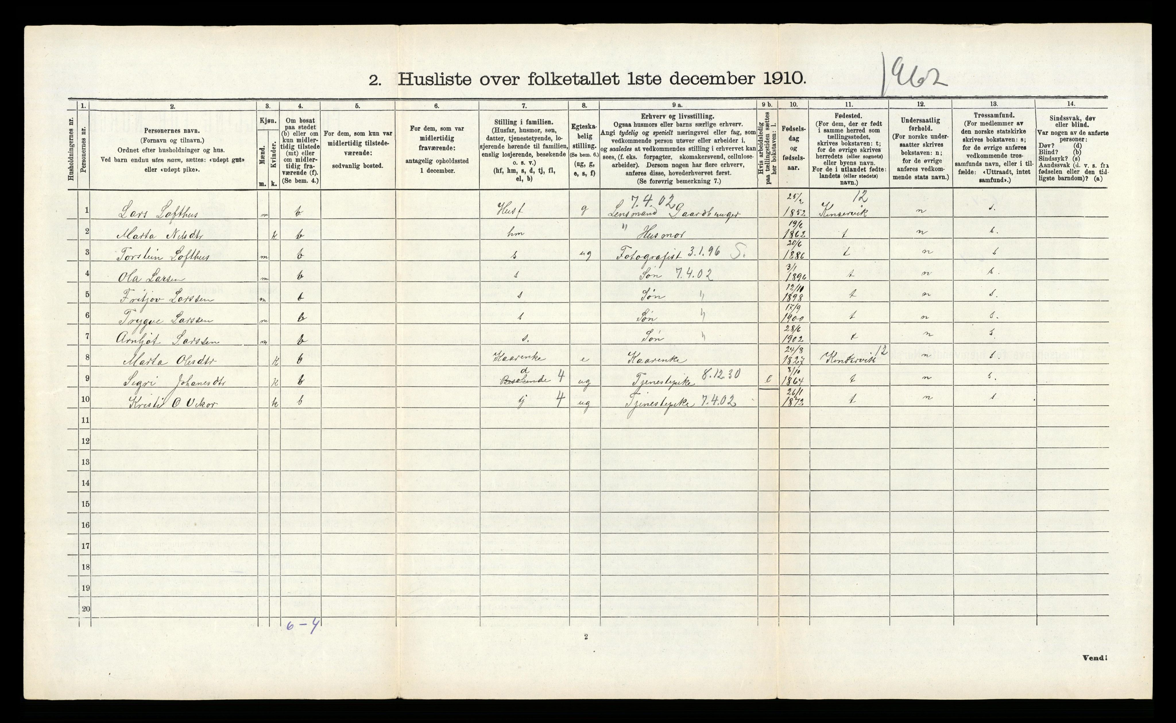 RA, 1910 census for Kvam, 1910, p. 770