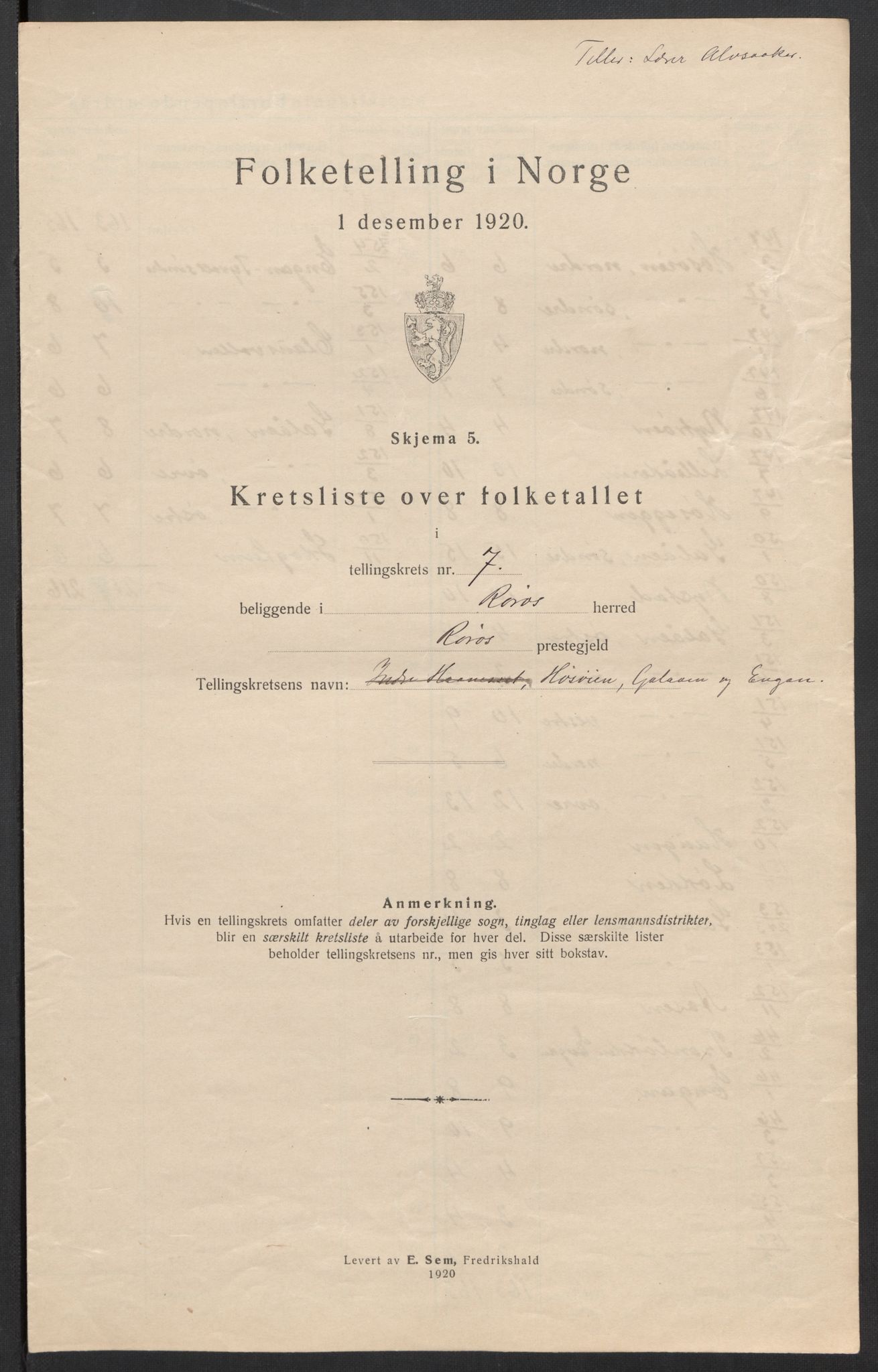 SAT, 1920 census for Røros, 1920, p. 24