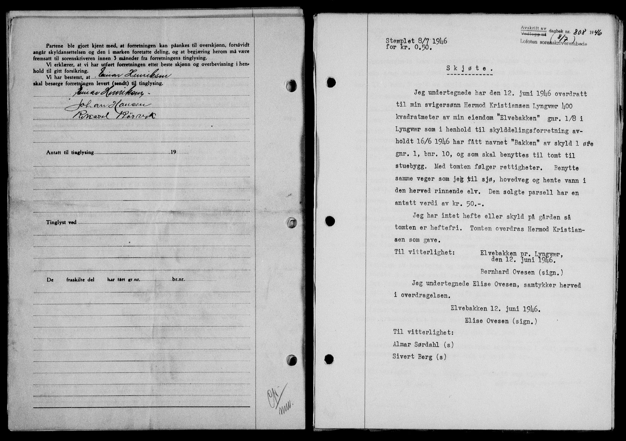 Lofoten sorenskriveri, SAT/A-0017/1/2/2C/L0014a: Mortgage book no. 14a, 1946-1946, Diary no: : 808/1946