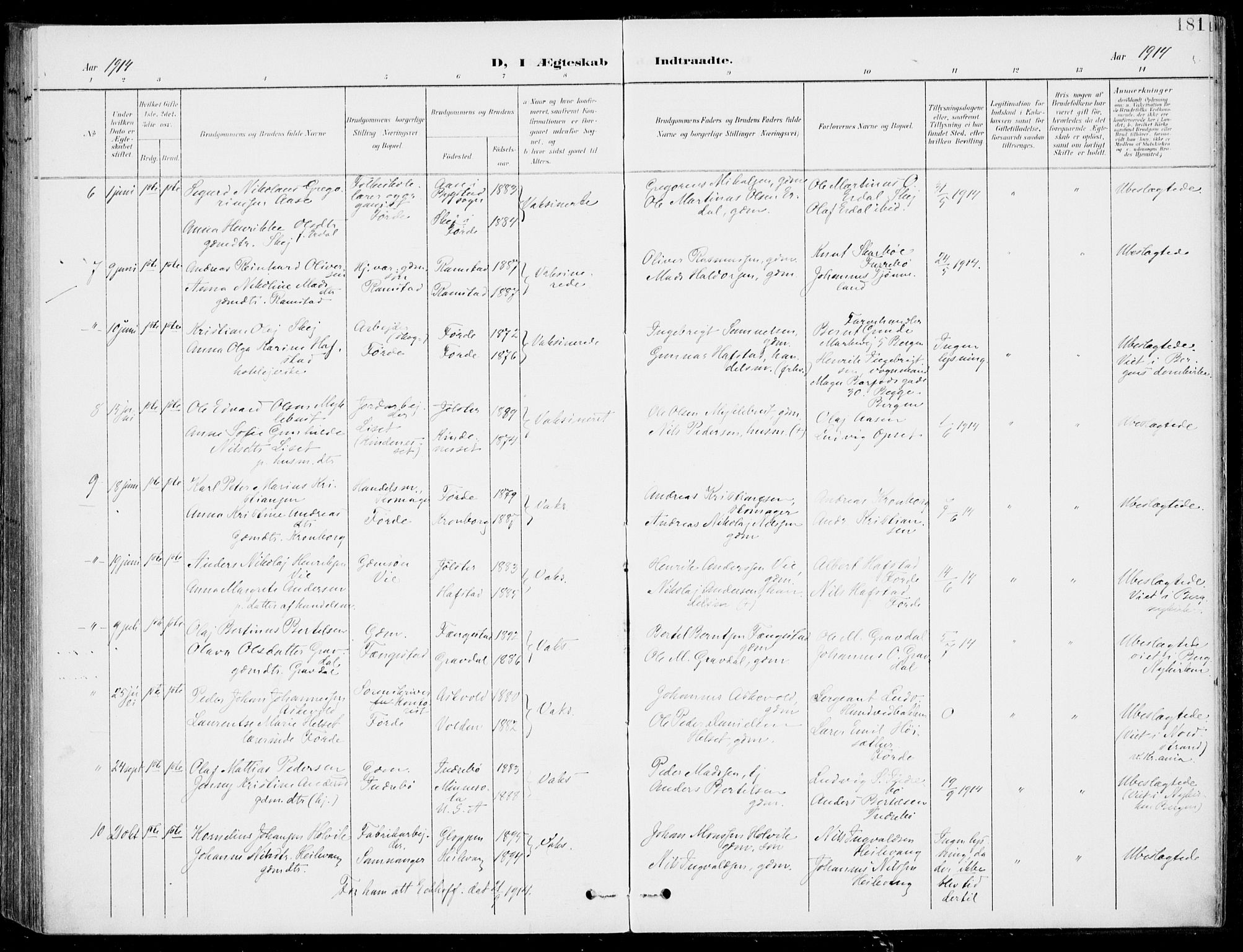 Førde sokneprestembete, AV/SAB-A-79901/H/Haa/Haab/L0002: Parish register (official) no. B  2, 1899-1920, p. 181