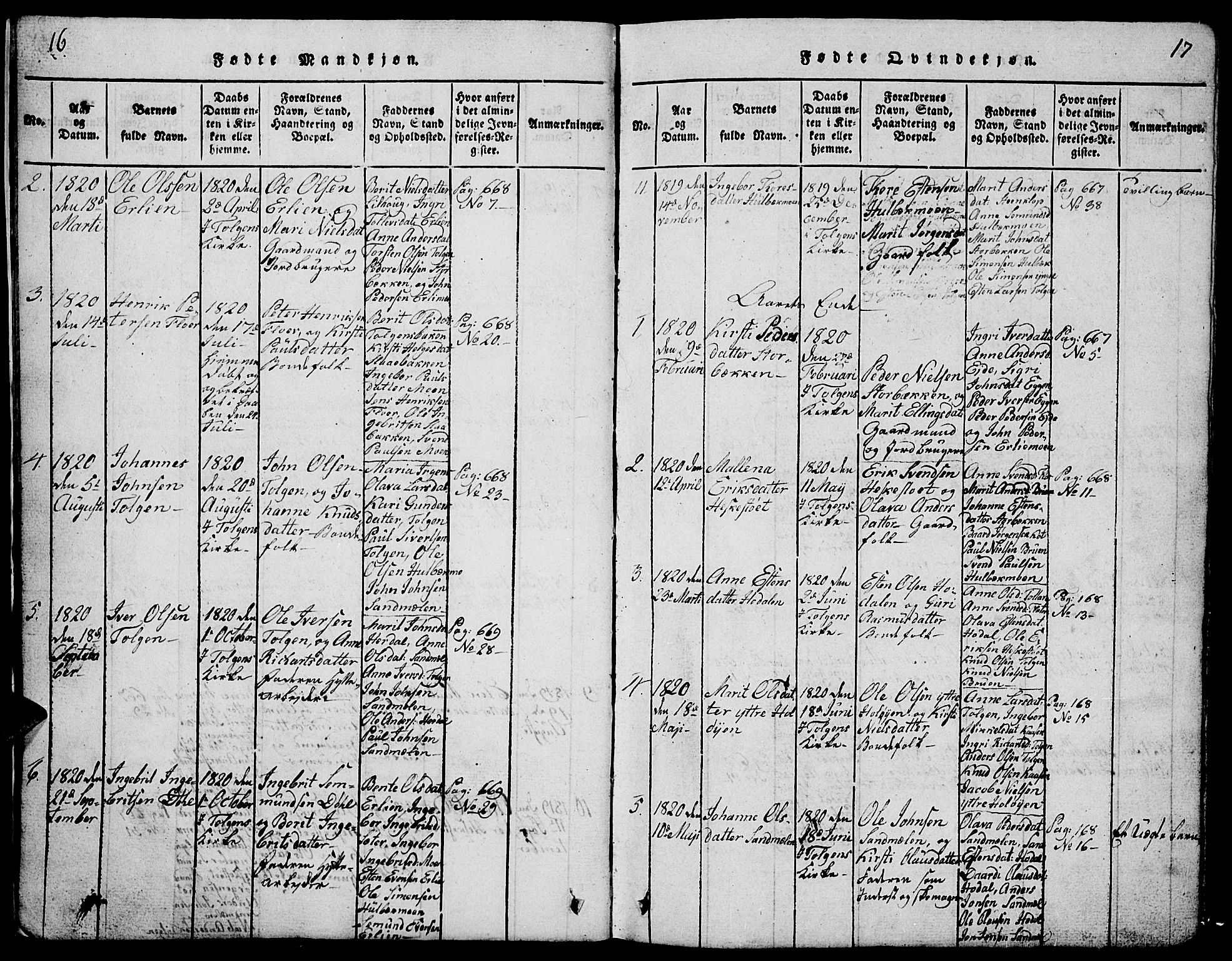 Tolga prestekontor, AV/SAH-PREST-062/L/L0001: Parish register (copy) no. 1, 1814-1877, p. 16-17