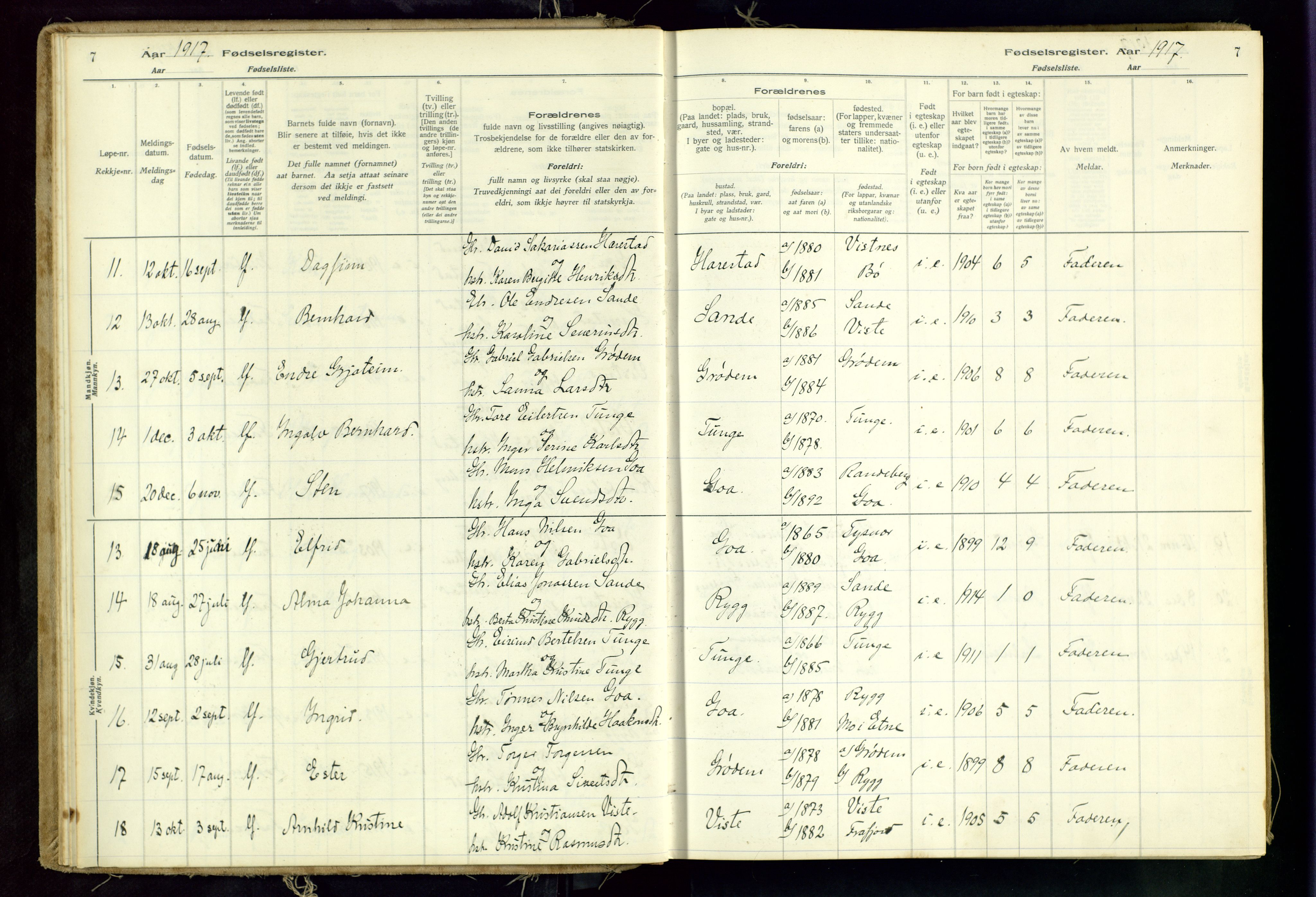 Hetland sokneprestkontor, AV/SAST-A-101826/70/704BA/L0001: Birth register no. 1, 1916-1954, p. 7