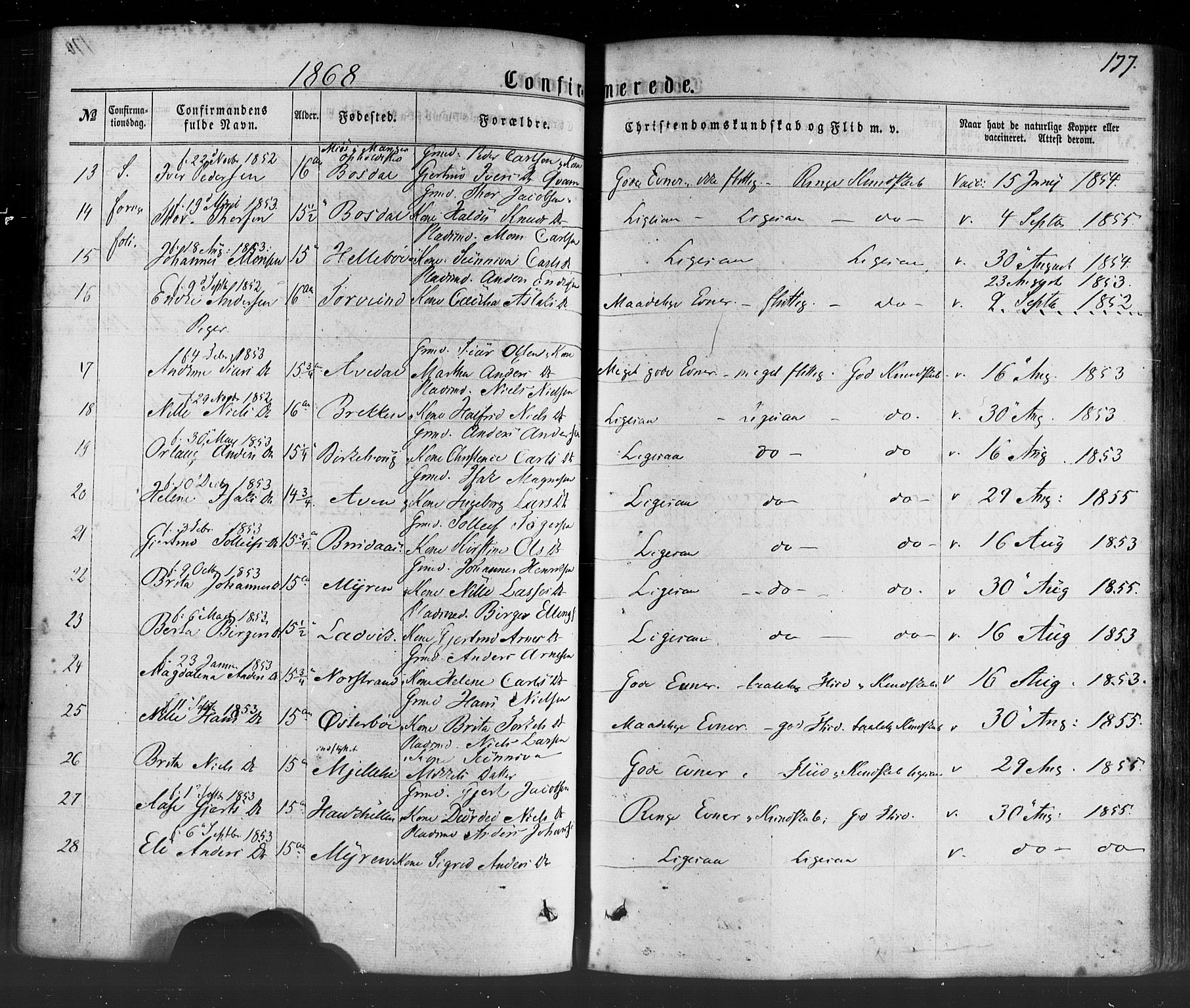 Lavik sokneprestembete, SAB/A-80901: Parish register (official) no. A 4, 1864-1881, p. 177