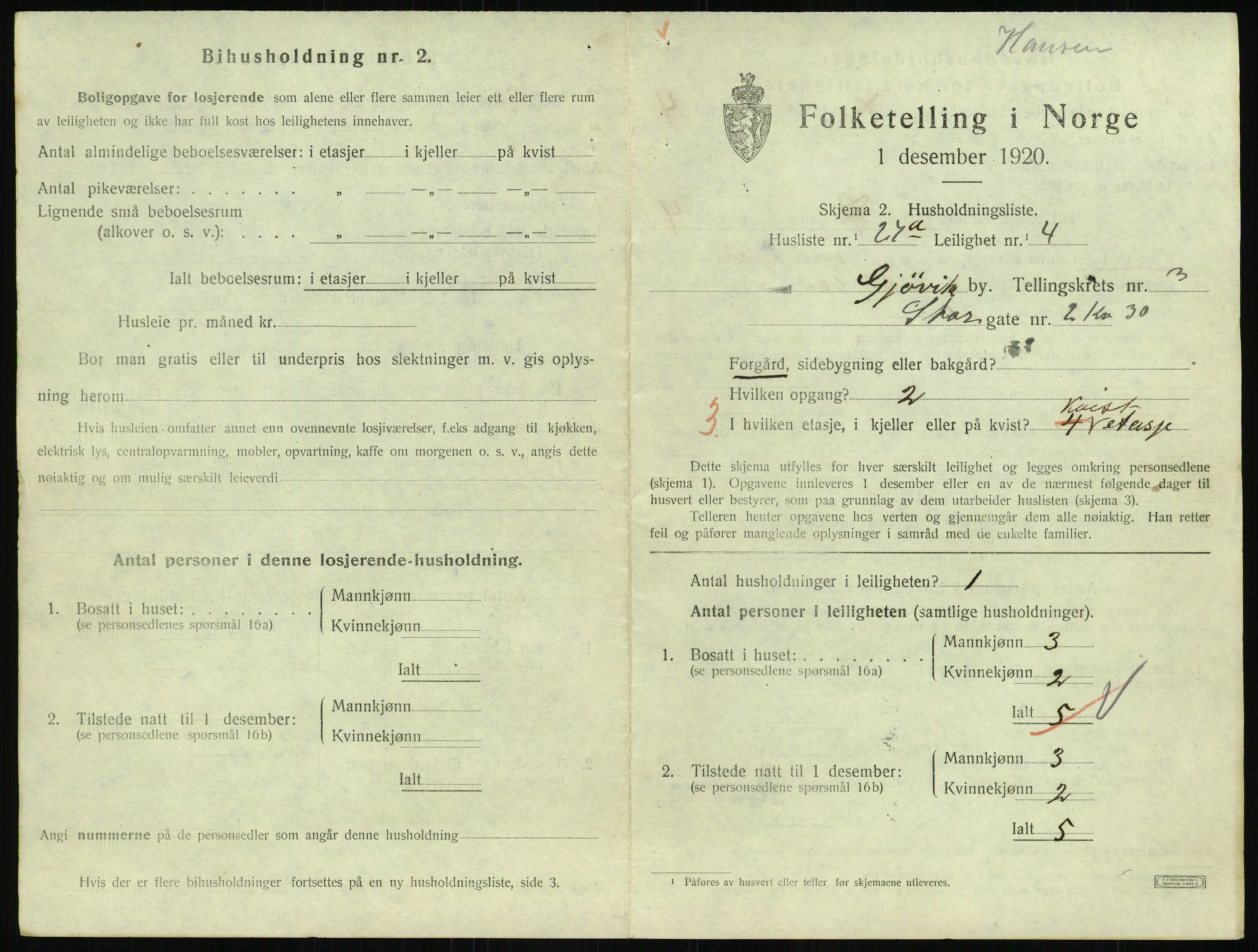 SAH, 1920 census for Gjøvik, 1920, p. 1536