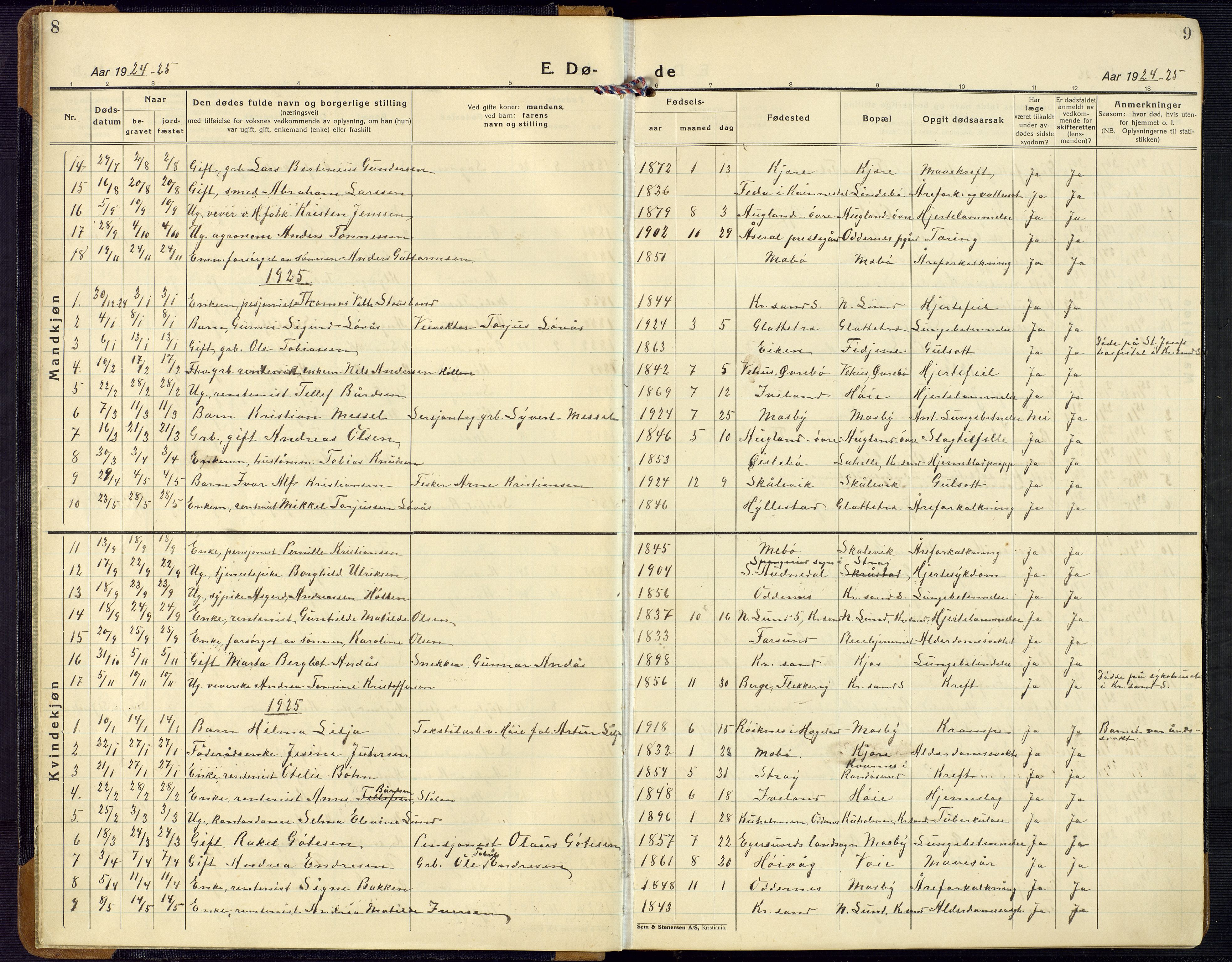 Oddernes sokneprestkontor, SAK/1111-0033/F/Fb/Fba/L0011: Parish register (copy) no. B 11, 1923-1969, p. 8-9