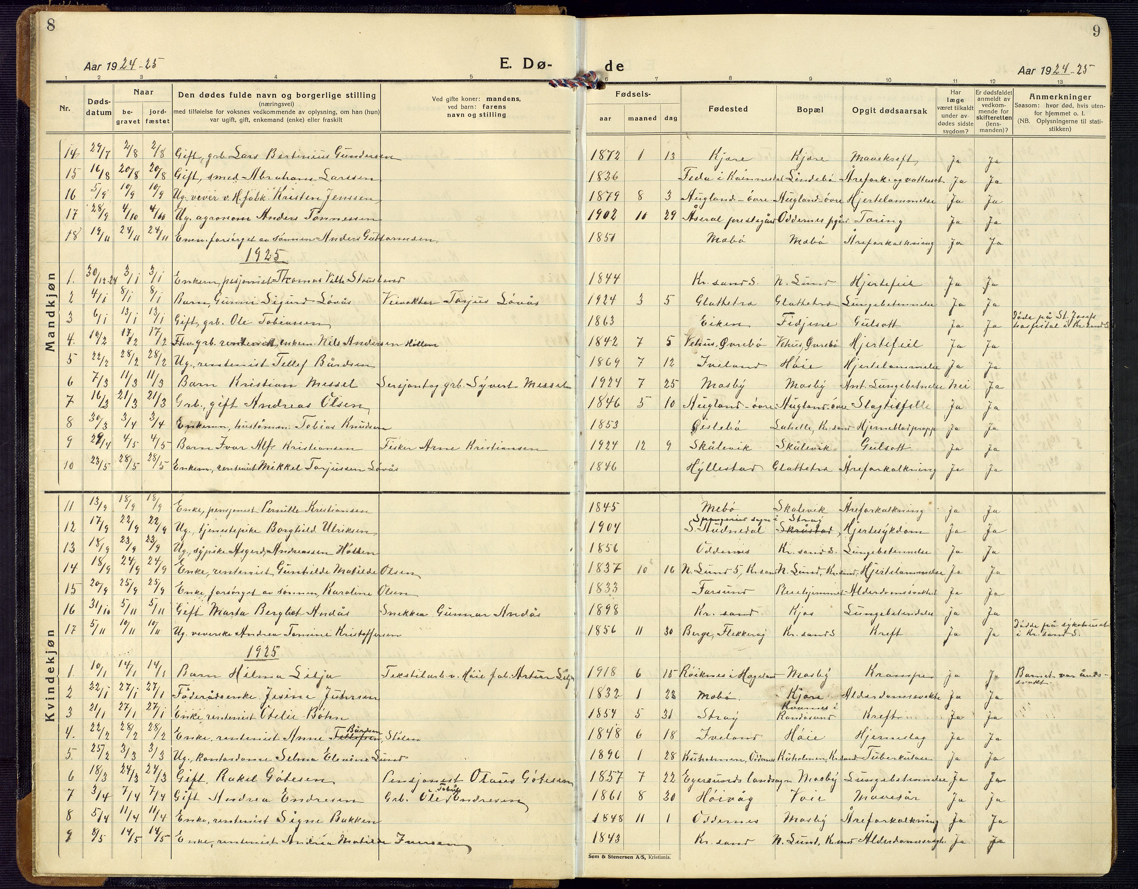 Oddernes sokneprestkontor, AV/SAK-1111-0033/F/Fb/Fba/L0011: Parish register (copy) no. B 11, 1923-1969, p. 8-9