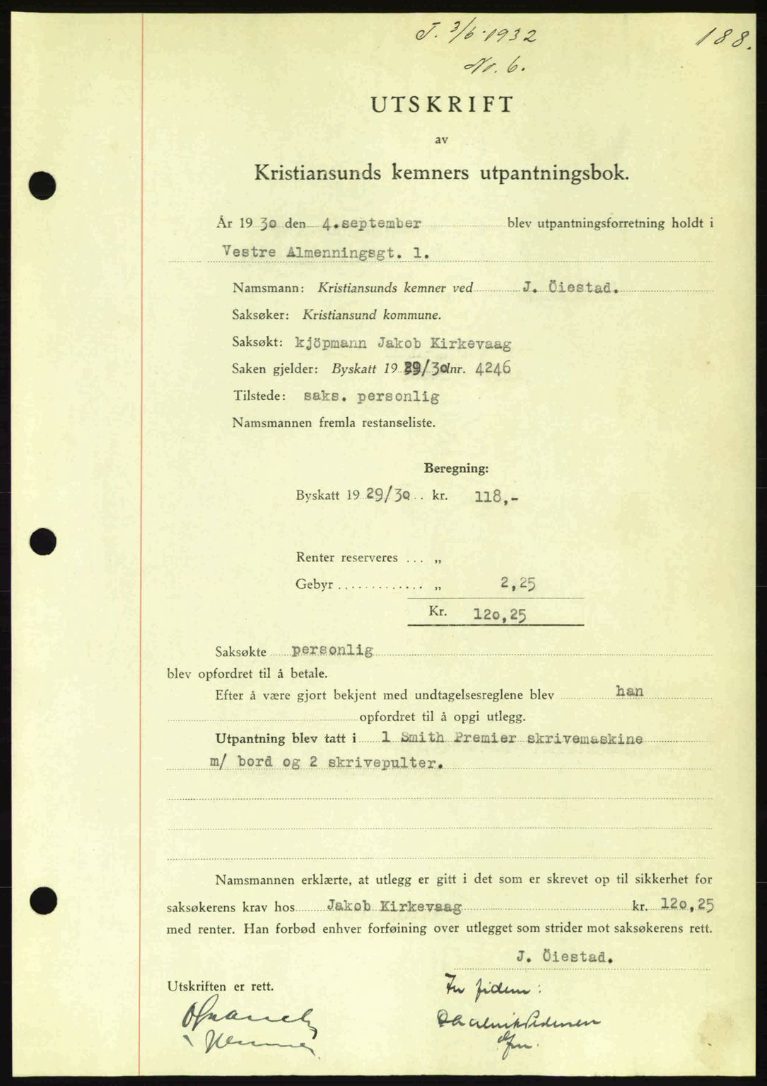 Kristiansund byfogd, AV/SAT-A-4587/A/27: Mortgage book no. 26, 1931-1933, Deed date: 03.06.1932