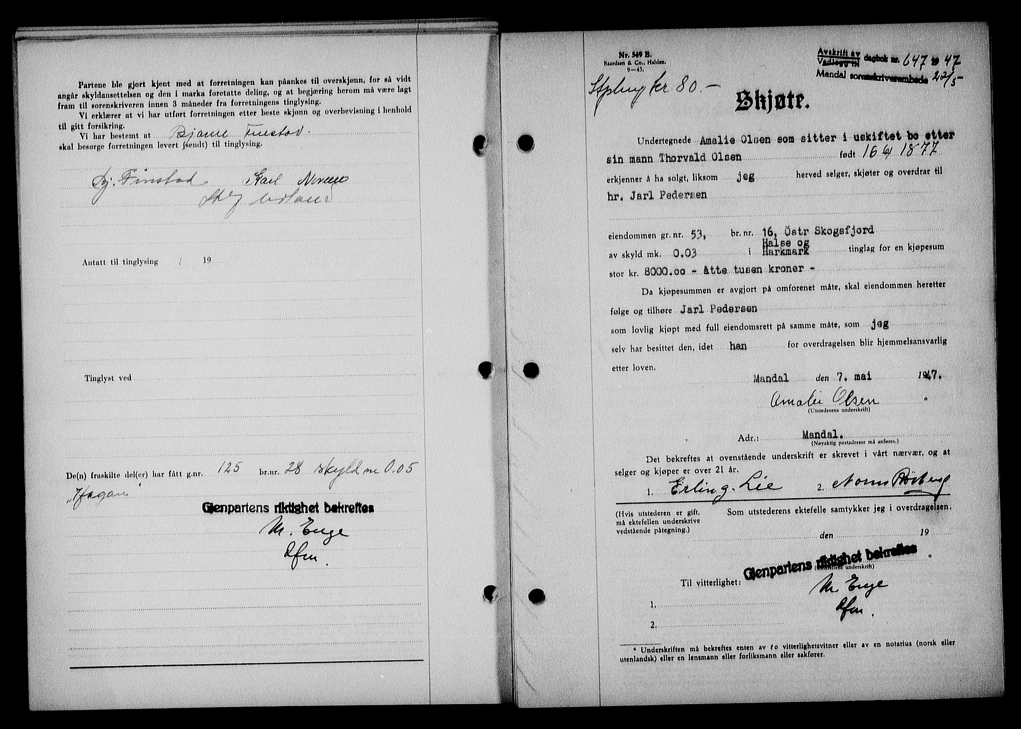 Mandal sorenskriveri, AV/SAK-1221-0005/001/G/Gb/Gba/L0078: Mortgage book no. A-15, 1947-1947, Diary no: : 647/1947