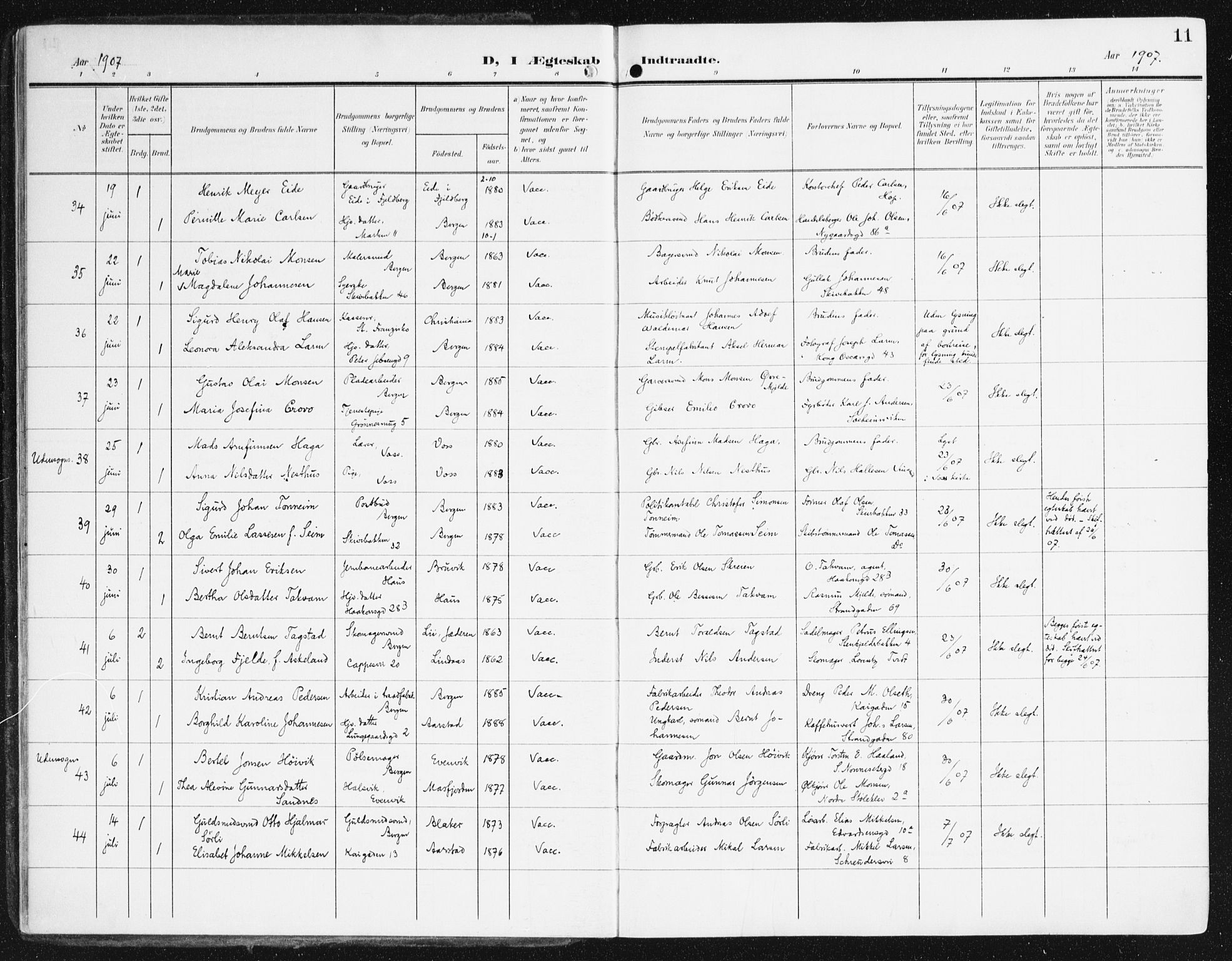 Domkirken sokneprestembete, AV/SAB-A-74801/H/Haa/L0038: Parish register (official) no. D 5, 1906-1921, p. 11