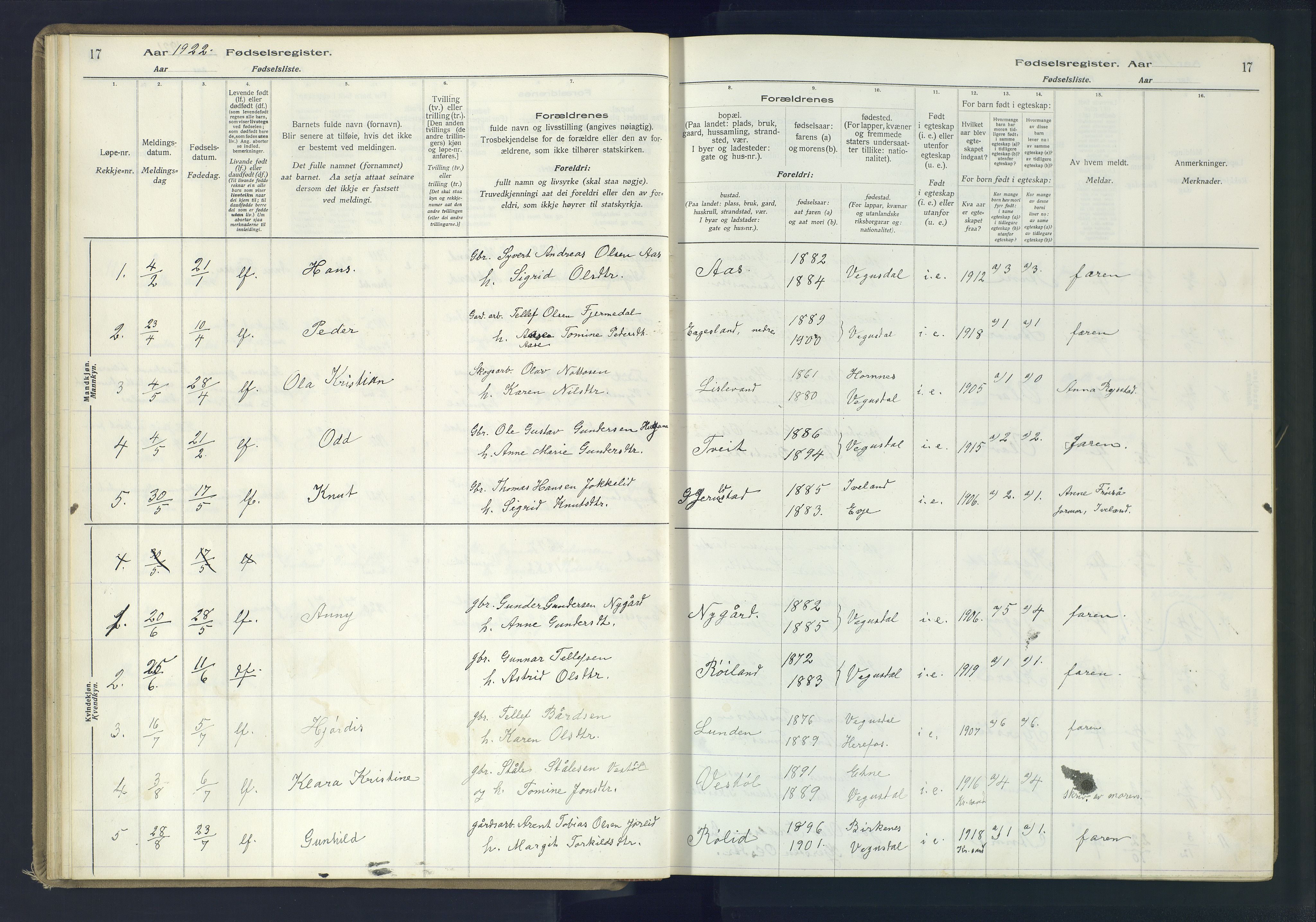 Herefoss sokneprestkontor, SAK/1111-0019/J/Ja/L0002: Birth register no. II.6.11, 1916-1982, p. 17