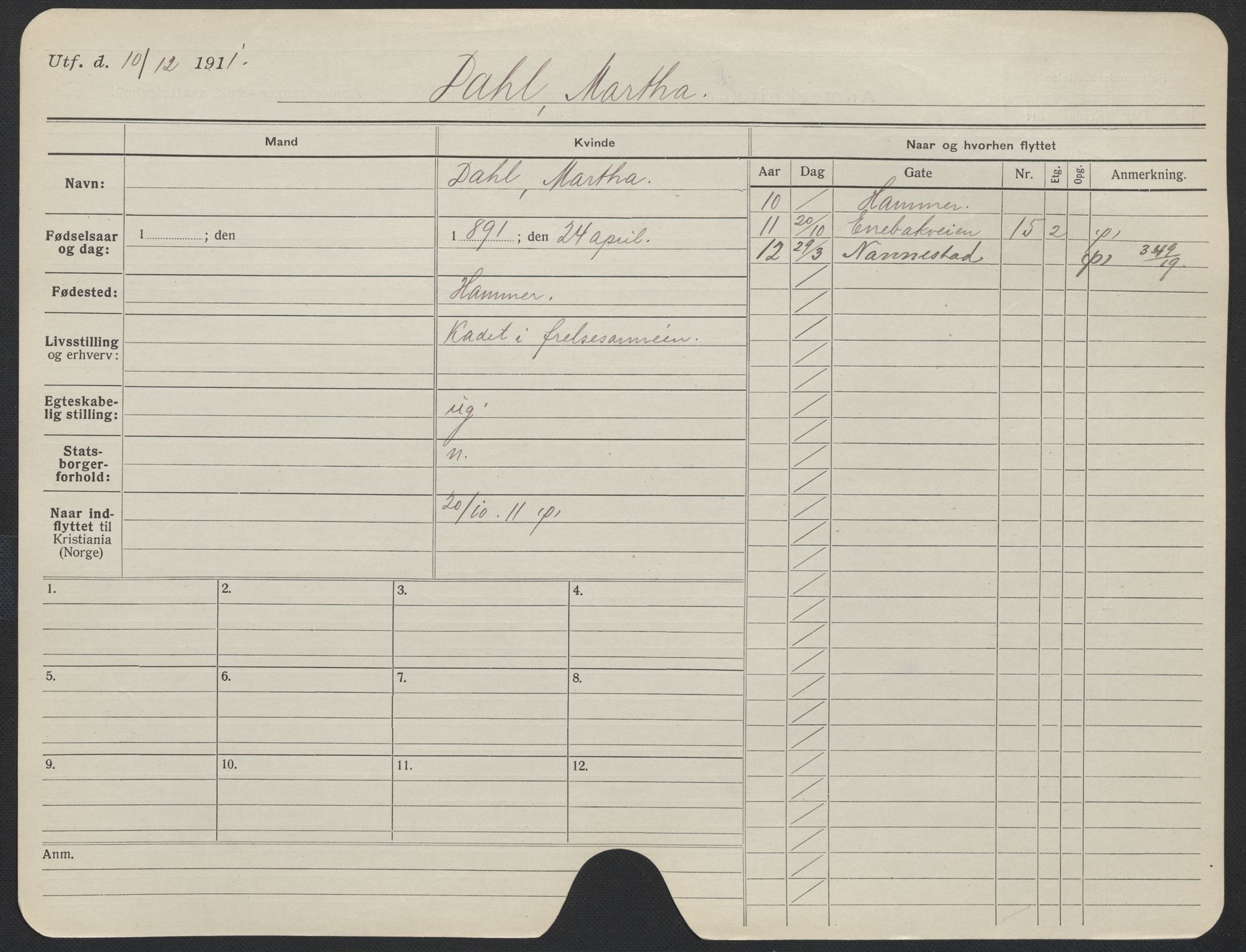 Oslo folkeregister, Registerkort, AV/SAO-A-11715/F/Fa/Fac/L0013: Kvinner, 1906-1914, p. 1127a