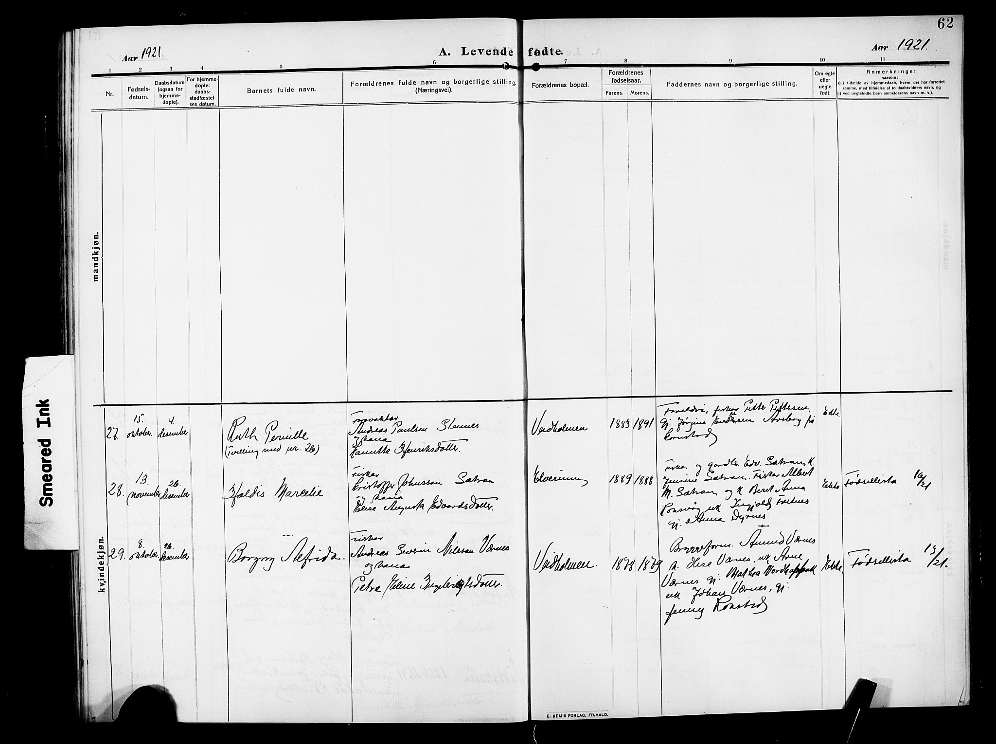 Ministerialprotokoller, klokkerbøker og fødselsregistre - Møre og Romsdal, SAT/A-1454/583/L0956: Parish register (copy) no. 583C01, 1909-1925, p. 62
