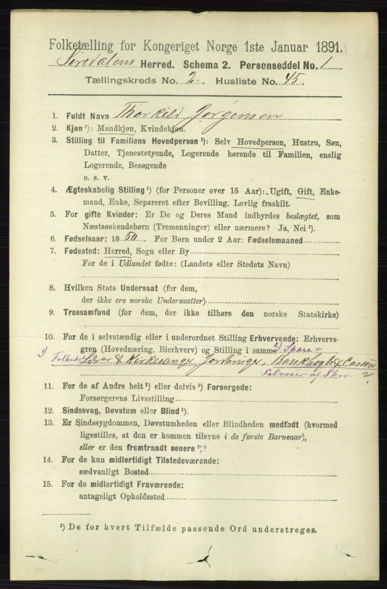 RA, 1891 census for 1046 Sirdal, 1891, p. 612