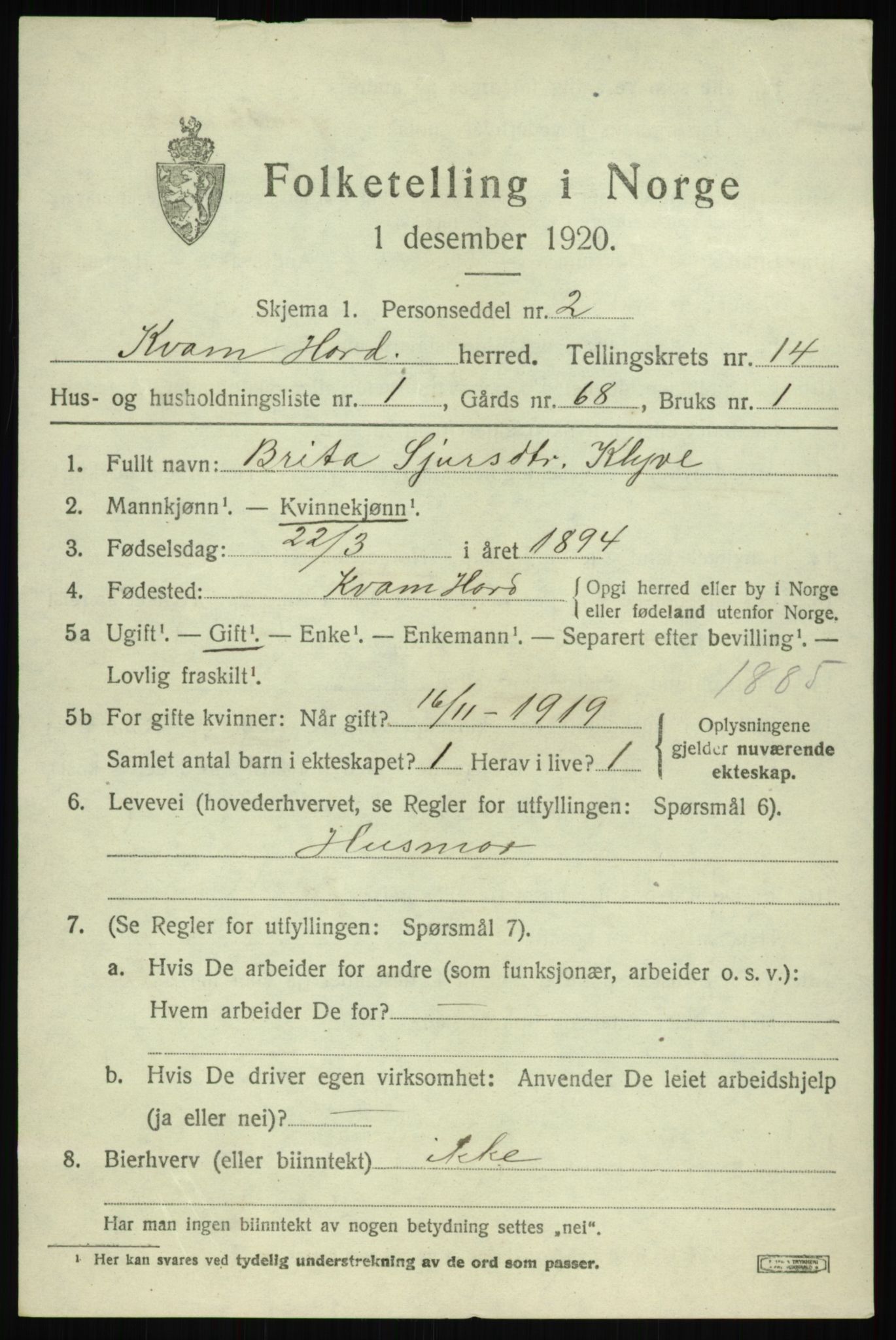 SAB, 1920 census for Kvam, 1920, p. 8171