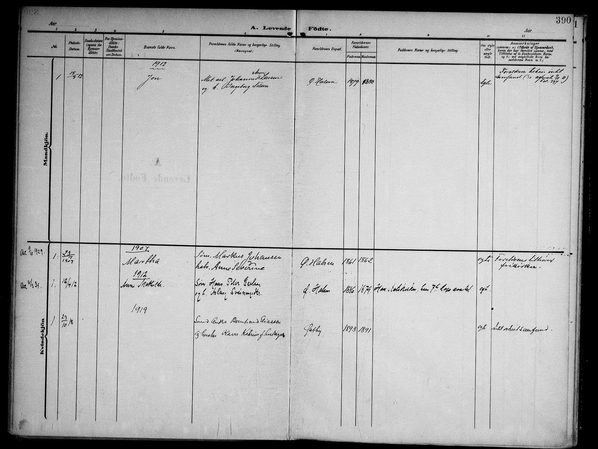 Tjølling kirkebøker, SAKO/A-60/F/Fa/L0010: Parish register (official) no. 10, 1906-1923, p. 390