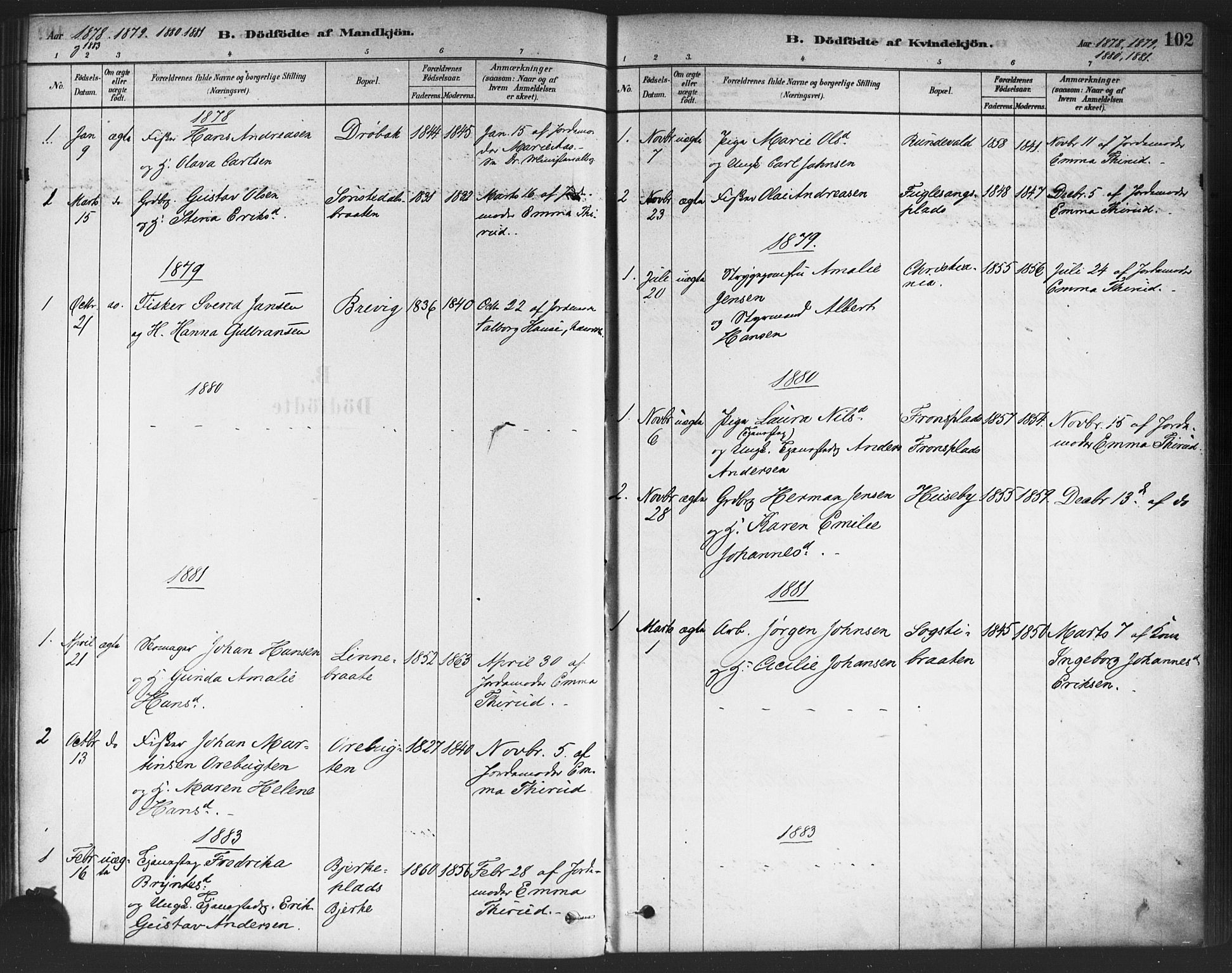 Drøbak prestekontor Kirkebøker, AV/SAO-A-10142a/F/Fc/L0002: Parish register (official) no. III 2, 1878-1891, p. 102