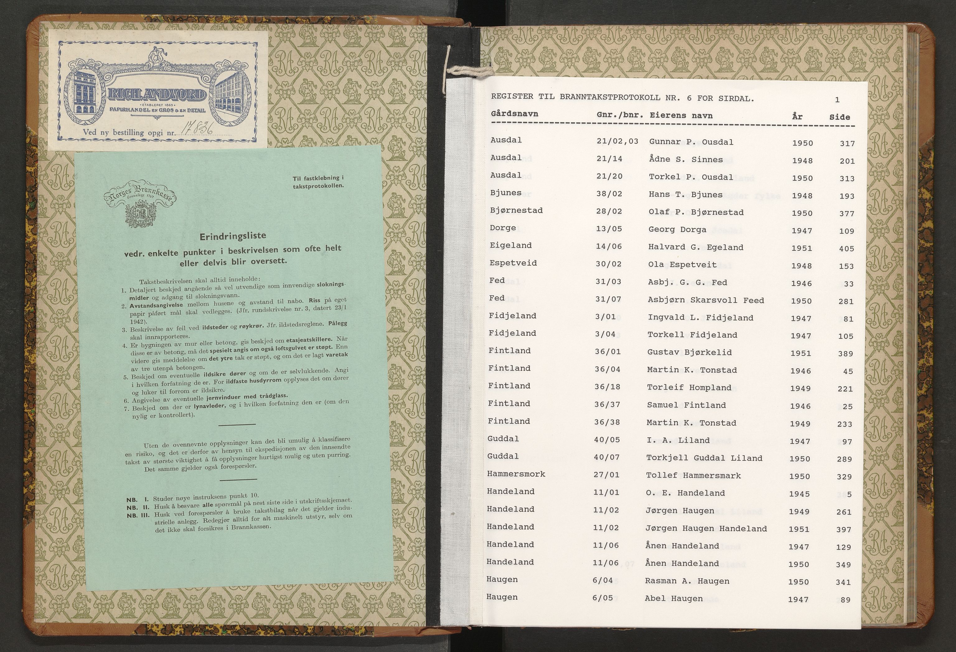 Norges Brannkasse Sirdal, AV/SAK-2241-0044/F/Fa/L0007: Branntakstprotokoll nr. 6 med gårdsnavnregister, 1945-1951