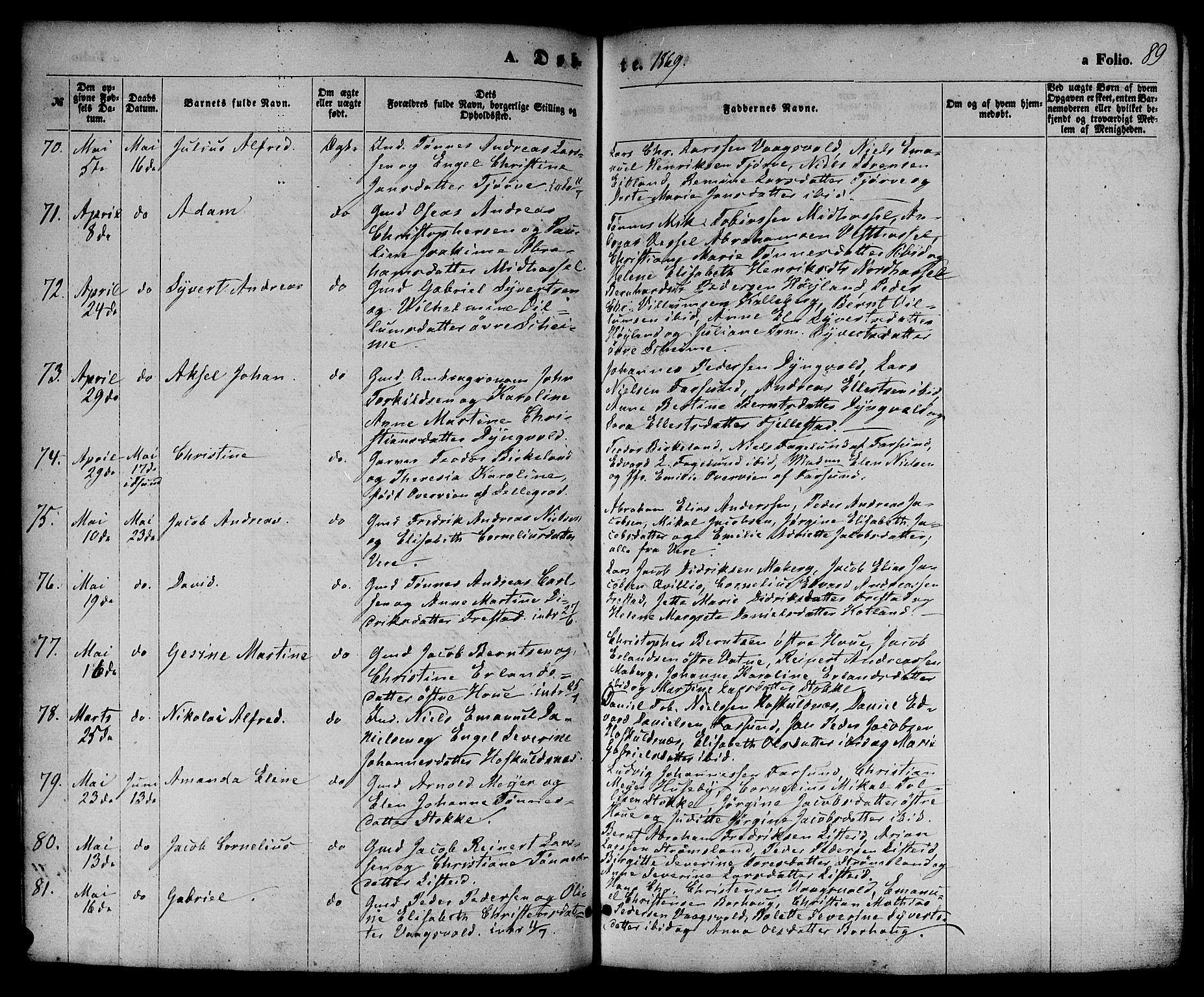 Lista sokneprestkontor, AV/SAK-1111-0027/F/Fb/L0003: Parish register (copy) no. B 3, 1862-1877, p. 89