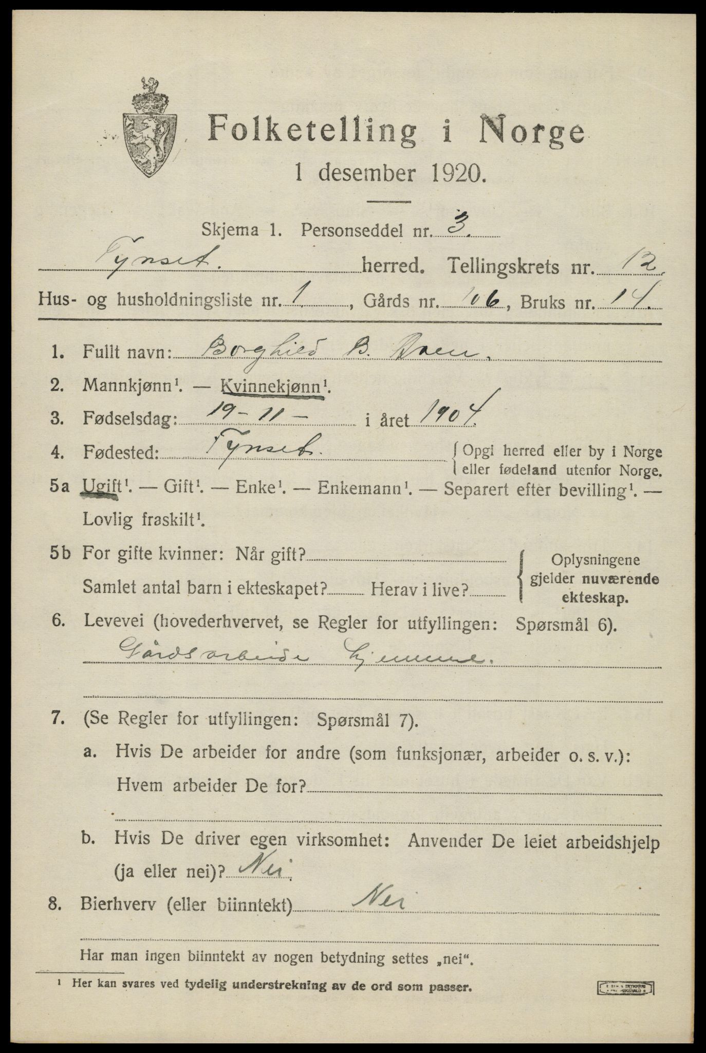 SAH, 1920 census for Tynset, 1920, p. 8308