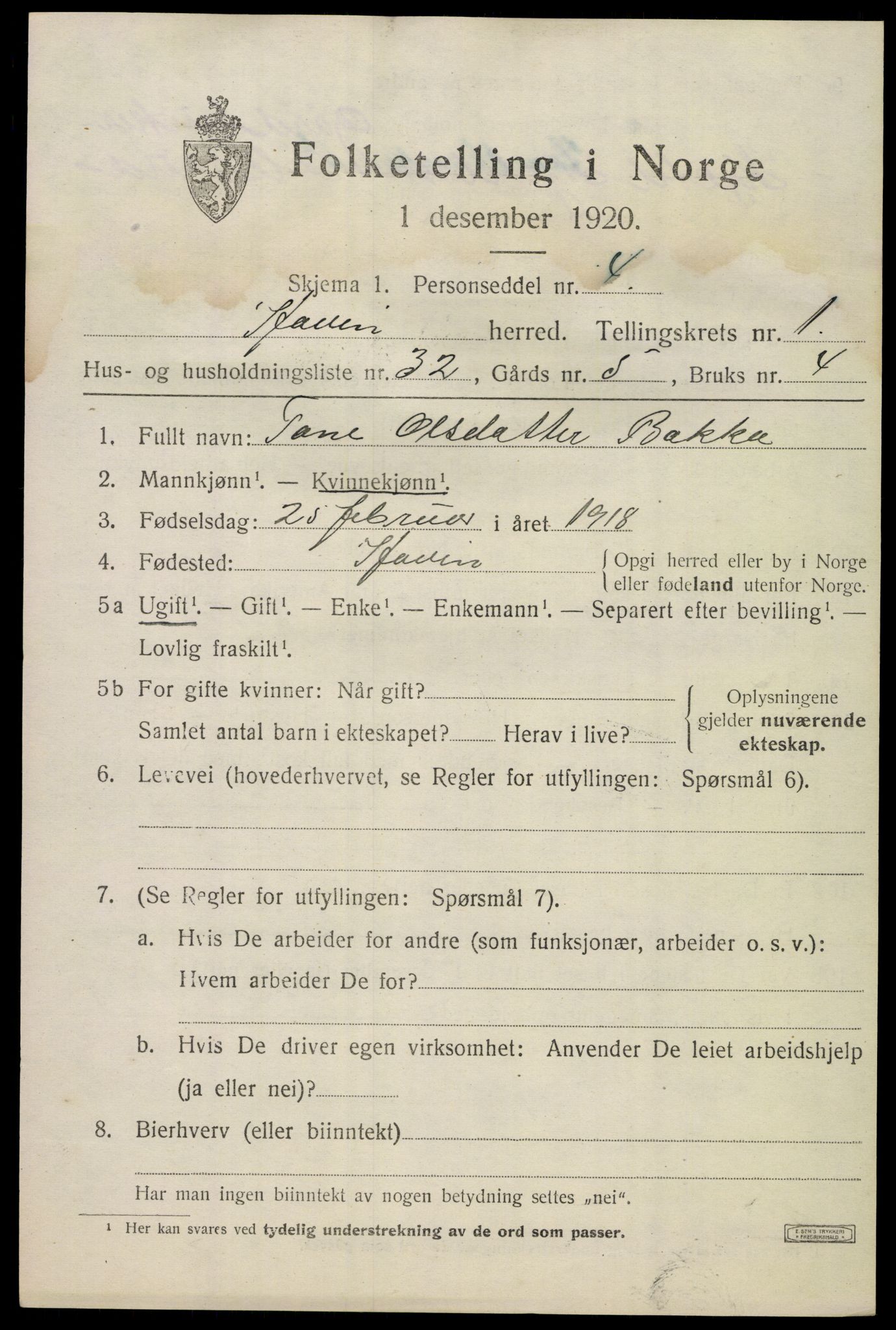 SAKO, 1920 census for Hovin, 1920, p. 703