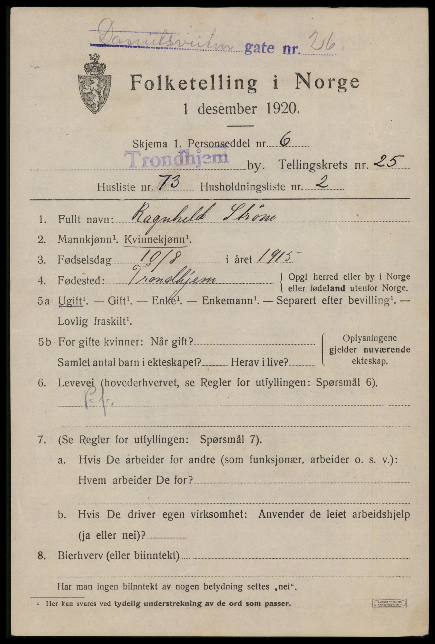 SAT, 1920 census for Trondheim, 1920, p. 68324