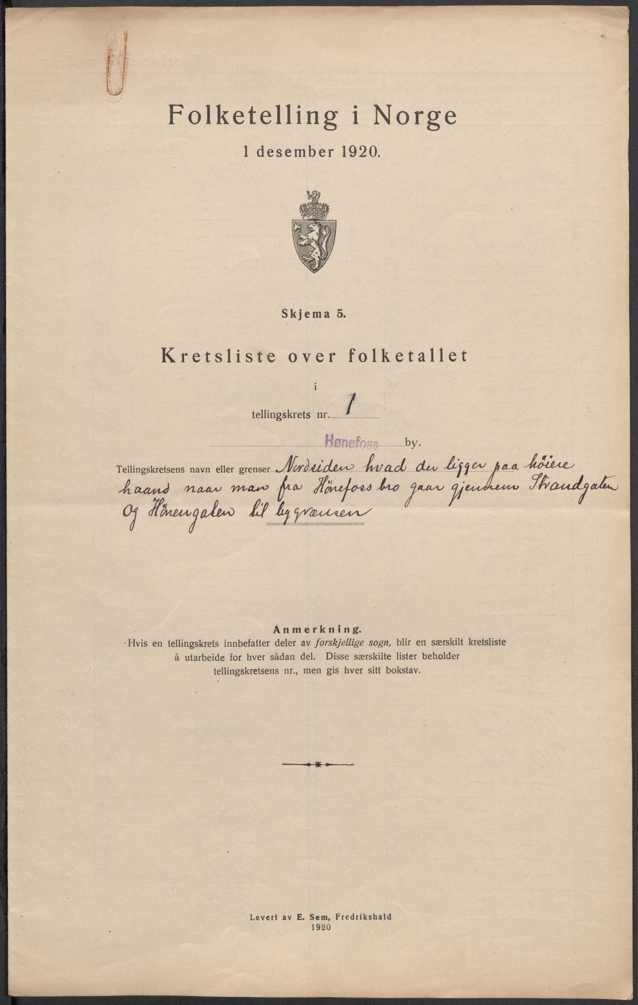 SAKO, 1920 census for Hønefoss, 1920, p. 5