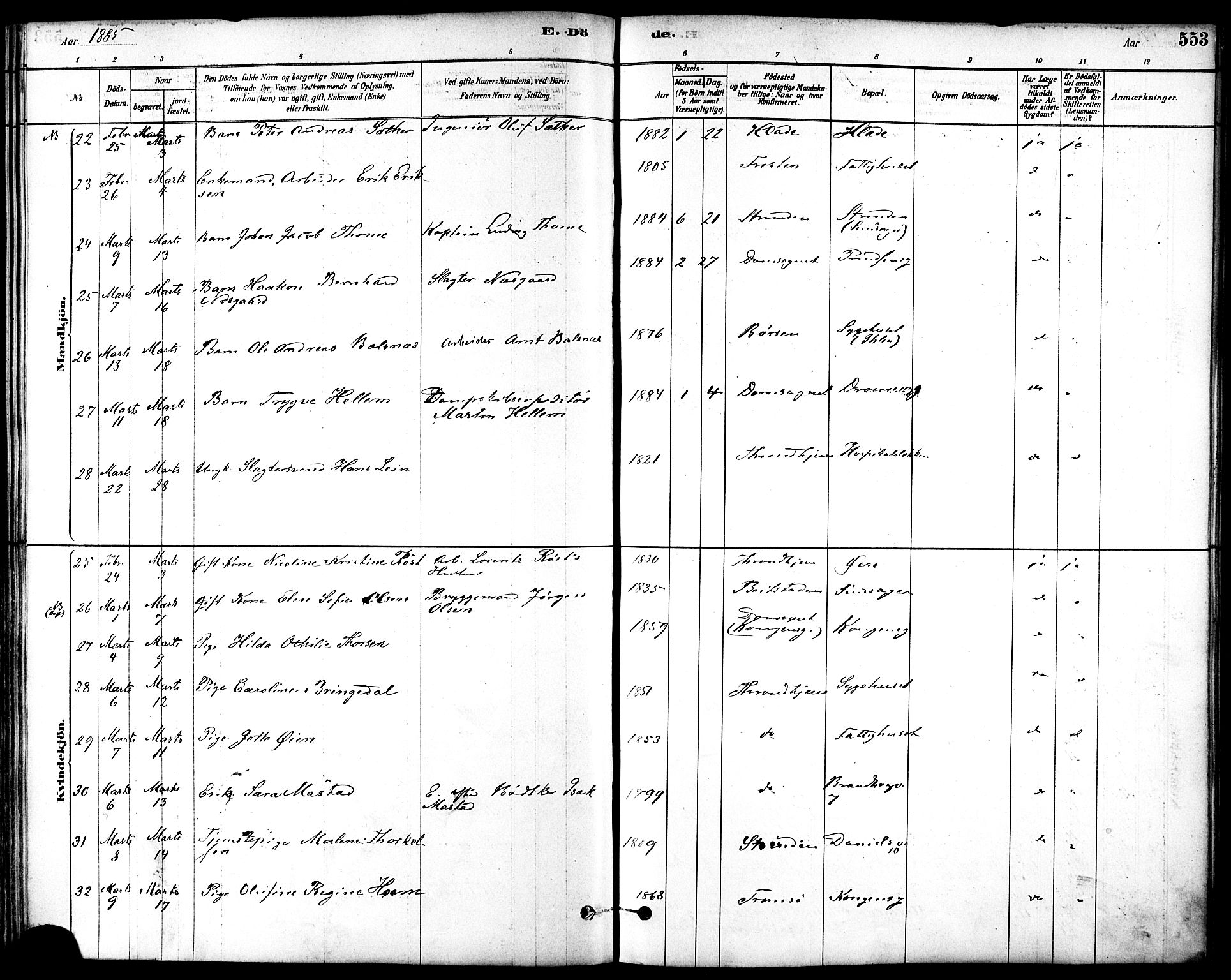 Ministerialprotokoller, klokkerbøker og fødselsregistre - Sør-Trøndelag, SAT/A-1456/601/L0058: Parish register (official) no. 601A26, 1877-1891, p. 553
