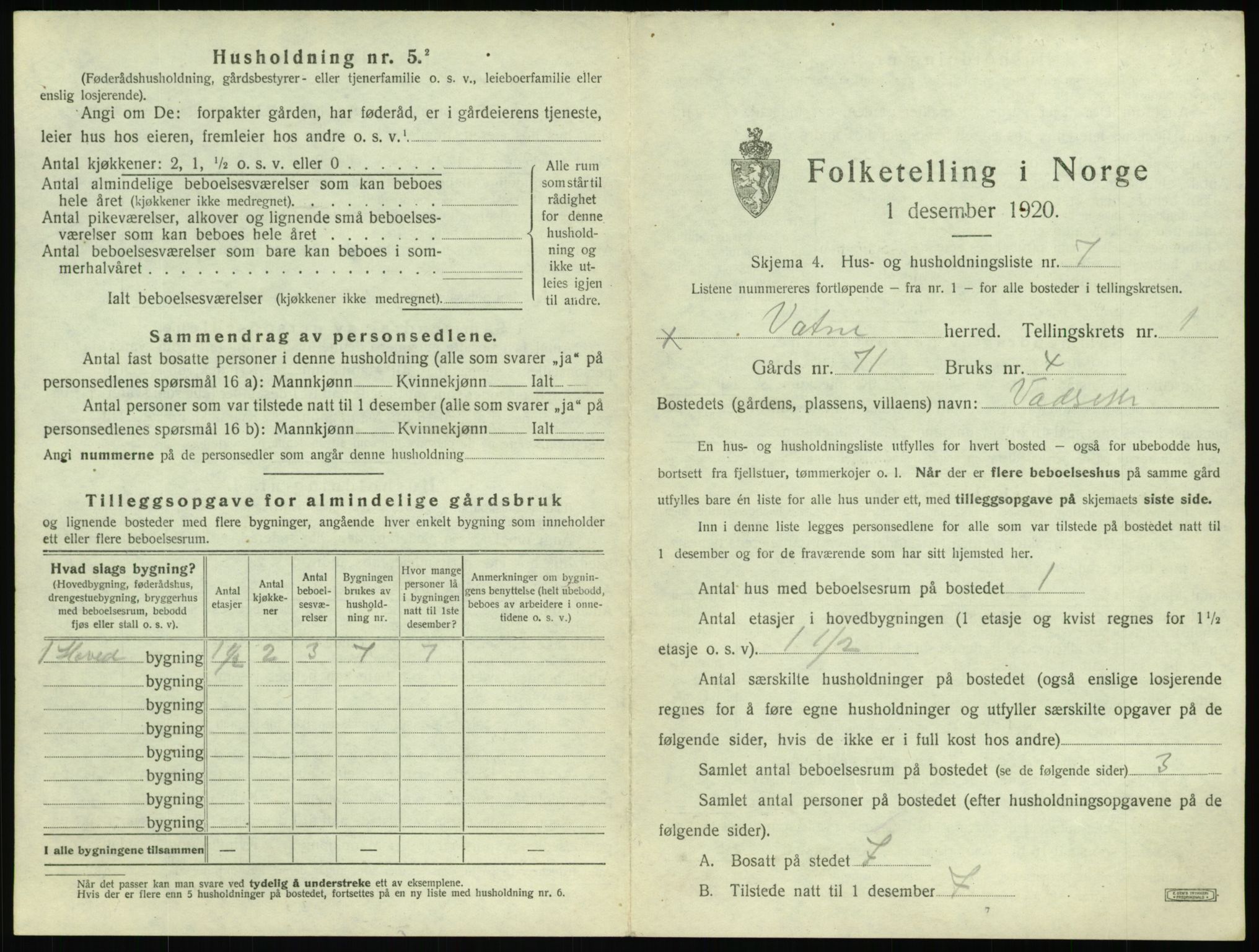 SAT, 1920 census for Vatne, 1920, p. 52