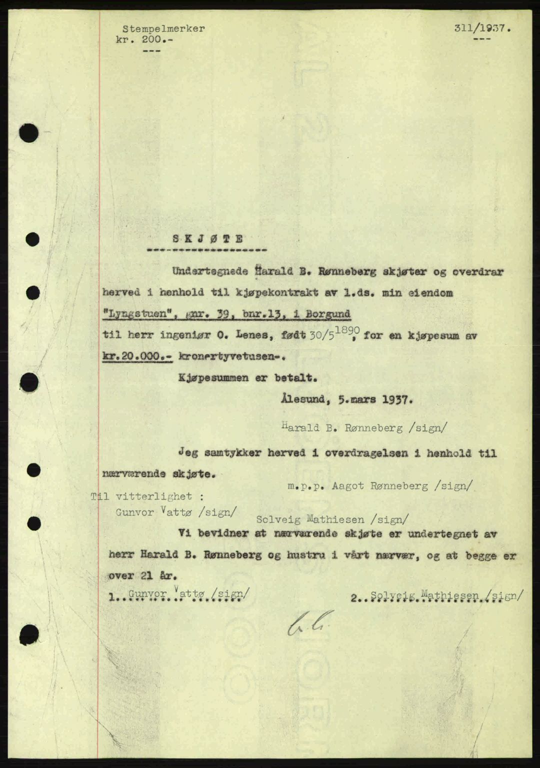 Nordre Sunnmøre sorenskriveri, AV/SAT-A-0006/1/2/2C/2Ca: Mortgage book no. A2, 1936-1937, Diary no: : 311/1937